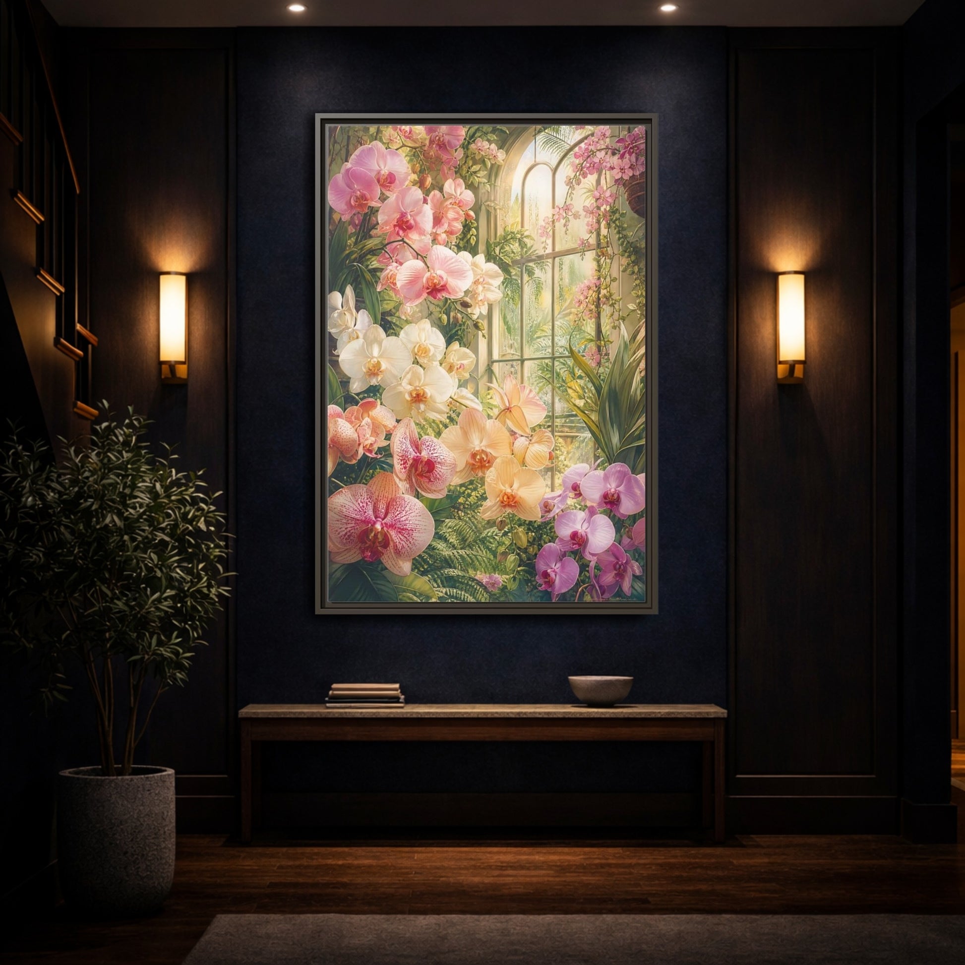Mockup 4. Floral Orchids Pink Orchid Greenhouse shown as framed canvas print