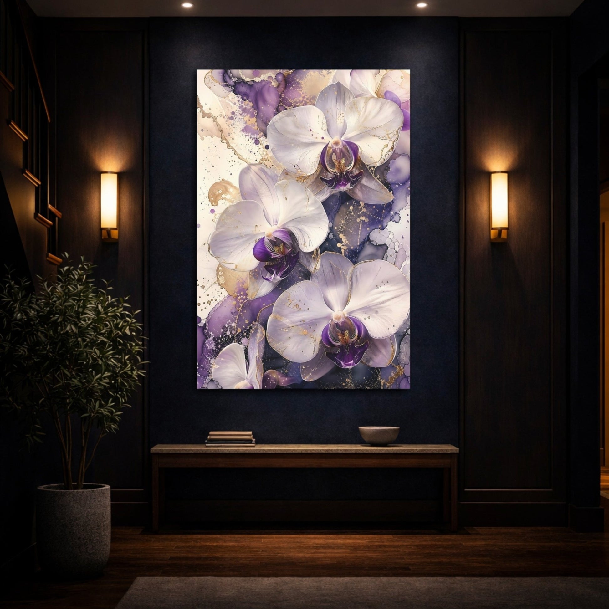 Floral Orchids Purple And Gold Canvas Print – Living Room, Above Couch, - YesArtYes
