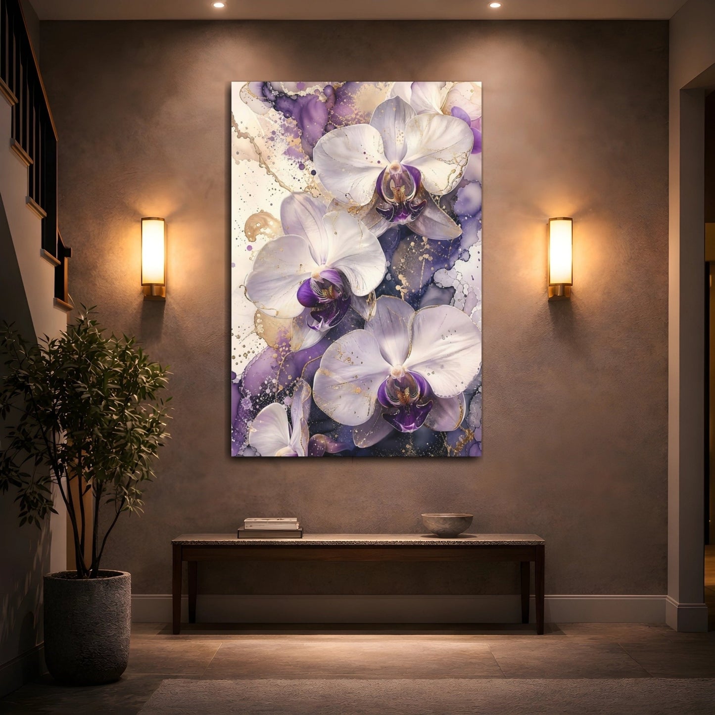 Floral Orchids Purple And Gold Canvas Print – Living Room, Above Couch, - YesArtYes