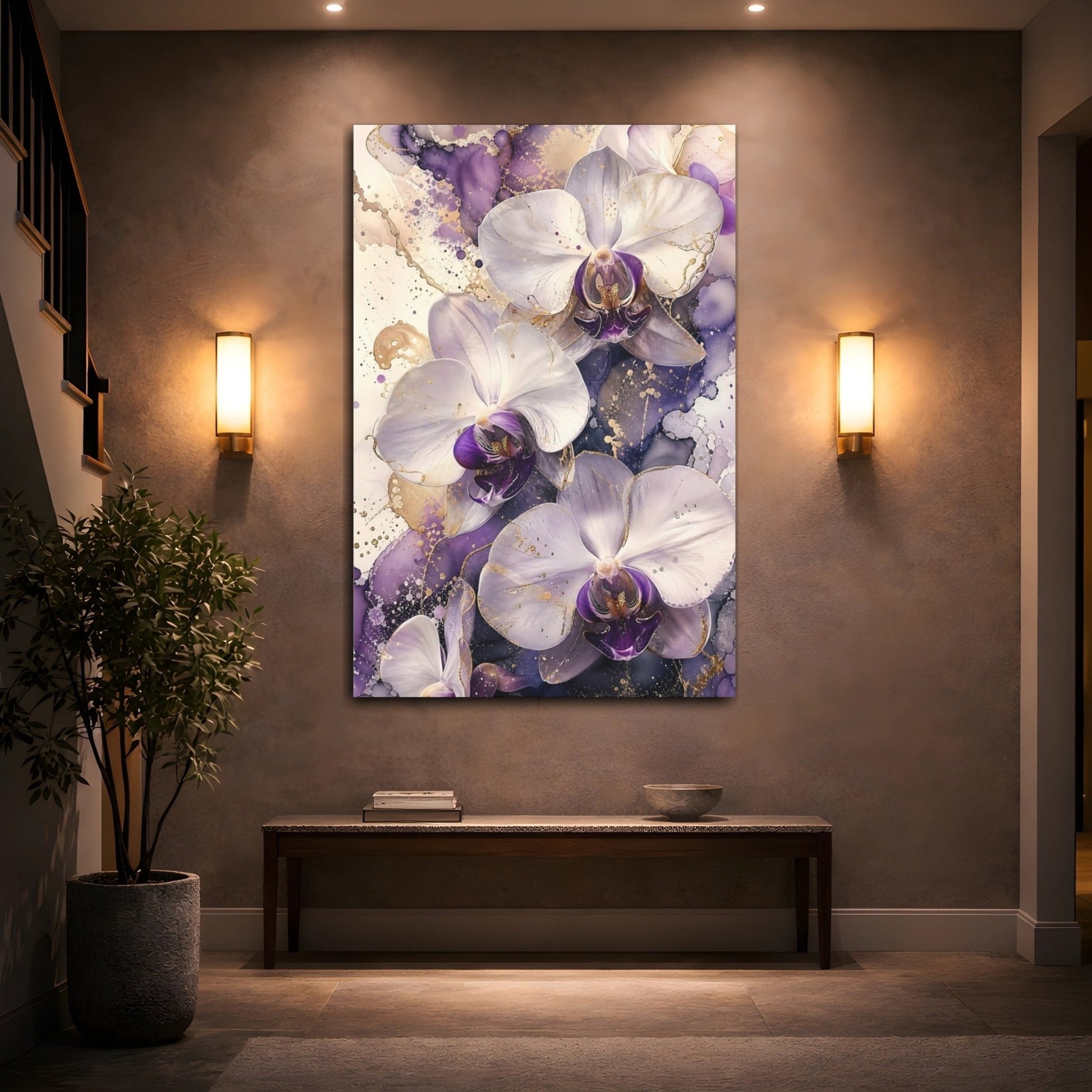 Floral Orchids Purple And Gold Canvas Print – Living Room, Above Couch, - YesArtYes