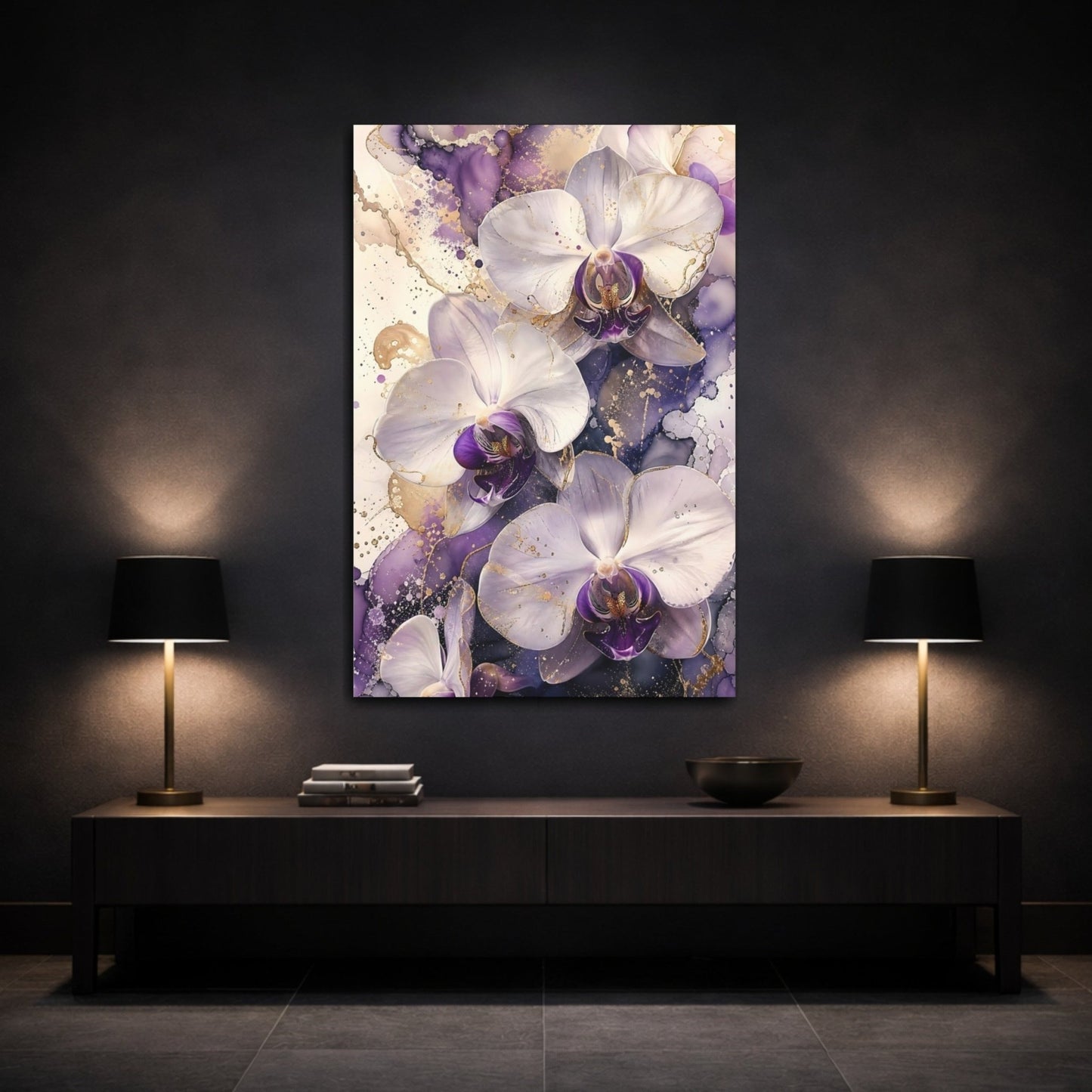 Floral Orchids Purple And Gold Canvas Print – Living Room, Above Couch, - YesArtYes