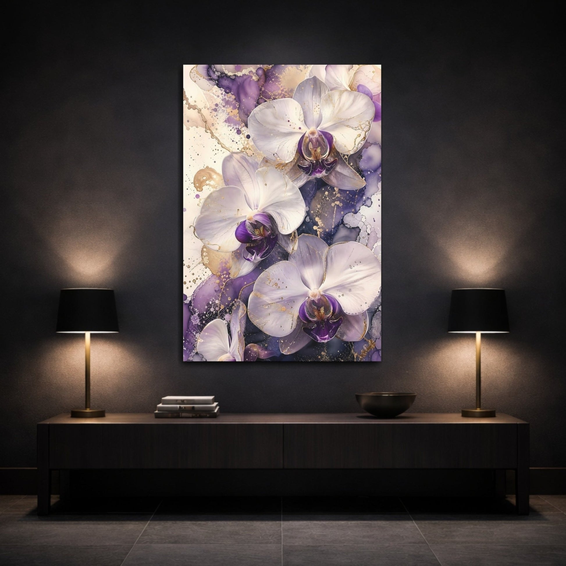 Floral Orchids Purple And Gold Canvas Print – Living Room, Above Couch, - YesArtYes