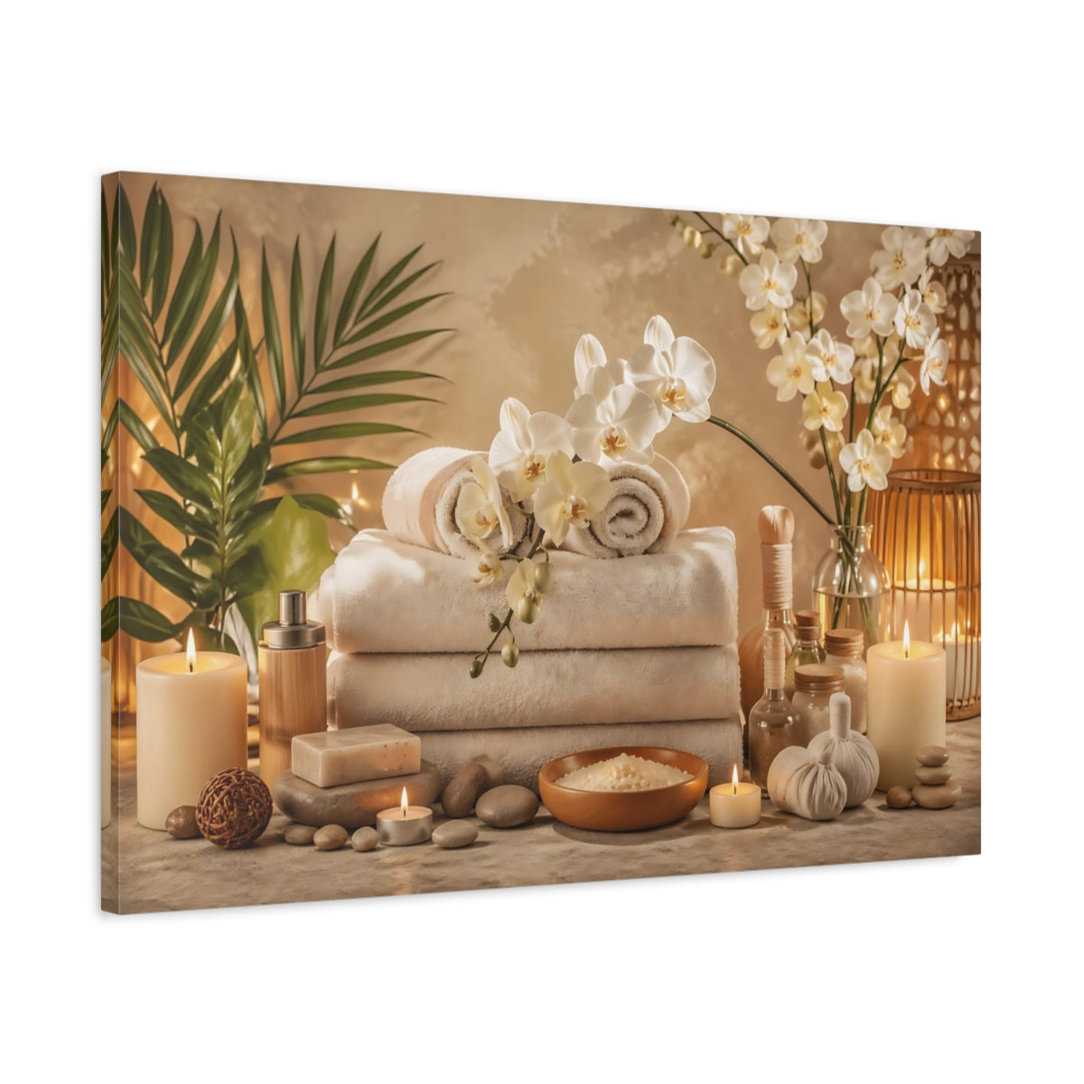 Side Mockup 2. Floral Orchids Spa Warm Neutral Tones shown as stretched canvas wall art