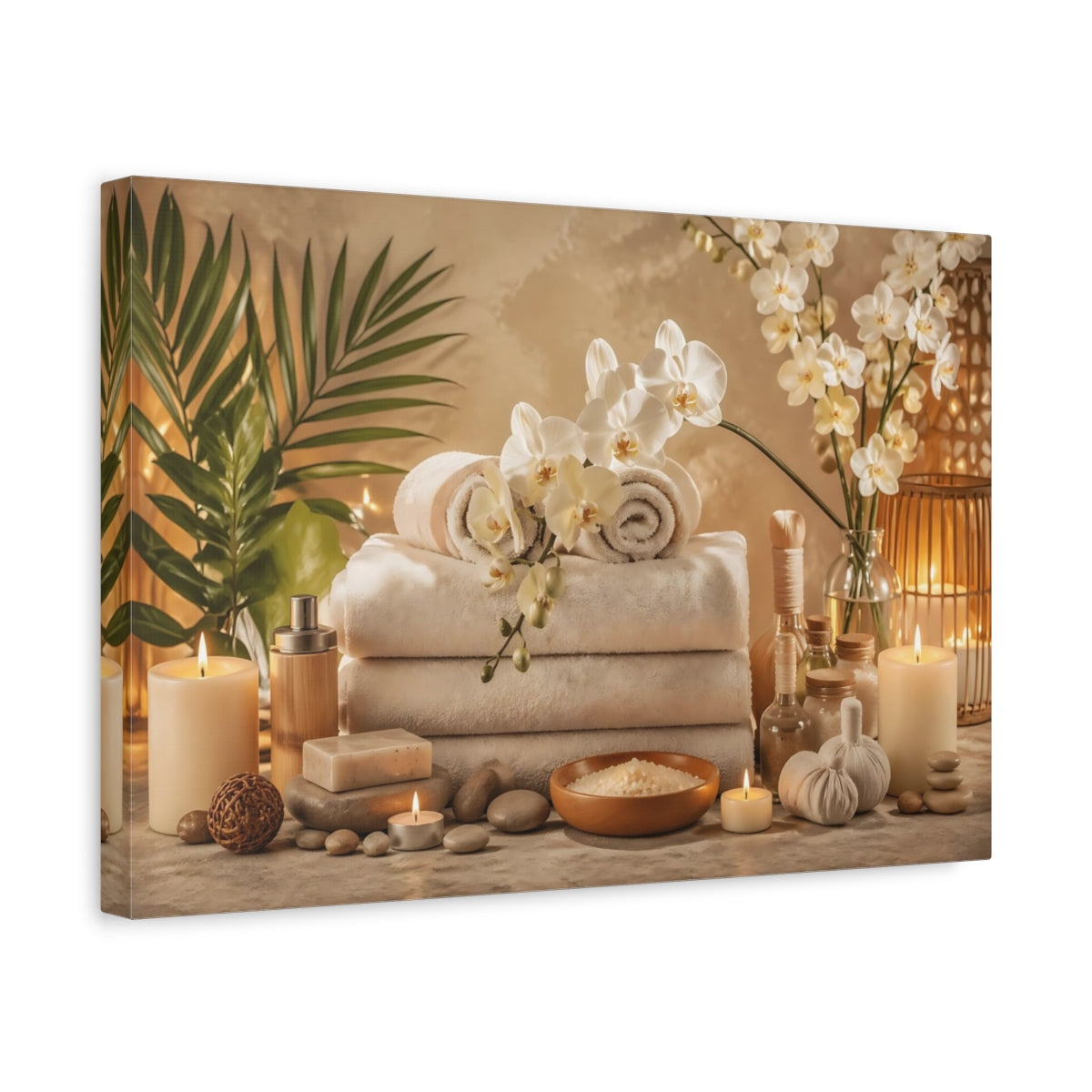 Side Mockup 4. Floral Orchids Spa Warm Neutral Tones shown as stretched canvas wall art