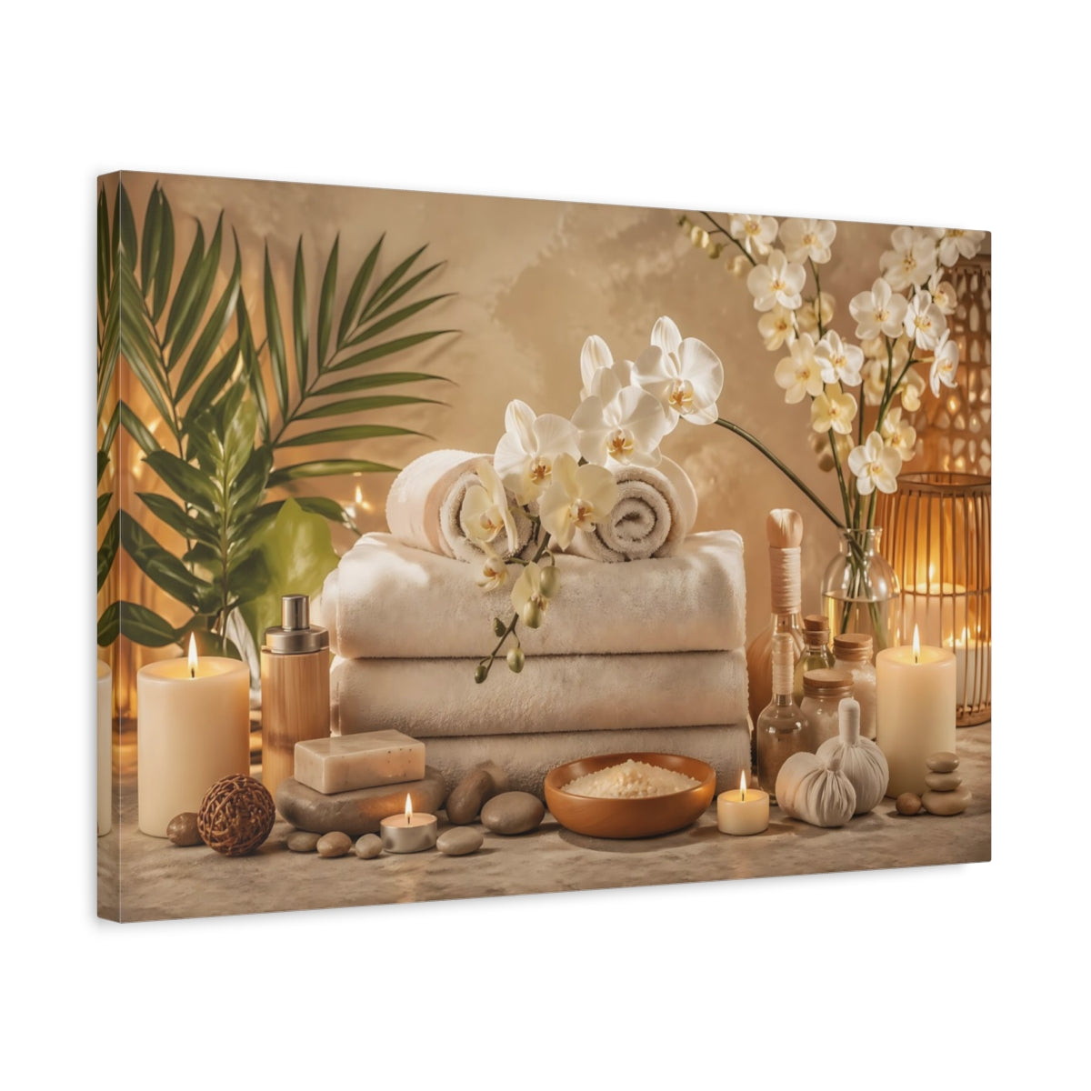 Side Mockup 3. Floral Orchids Spa Warm Neutral Tones shown as stretched canvas wall art