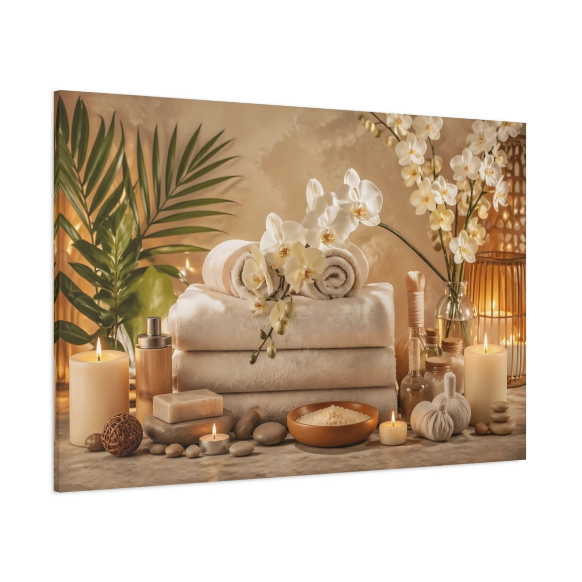 Side Mockup 1. Floral Orchids Spa Warm Neutral Tones shown as stretched canvas wall art
