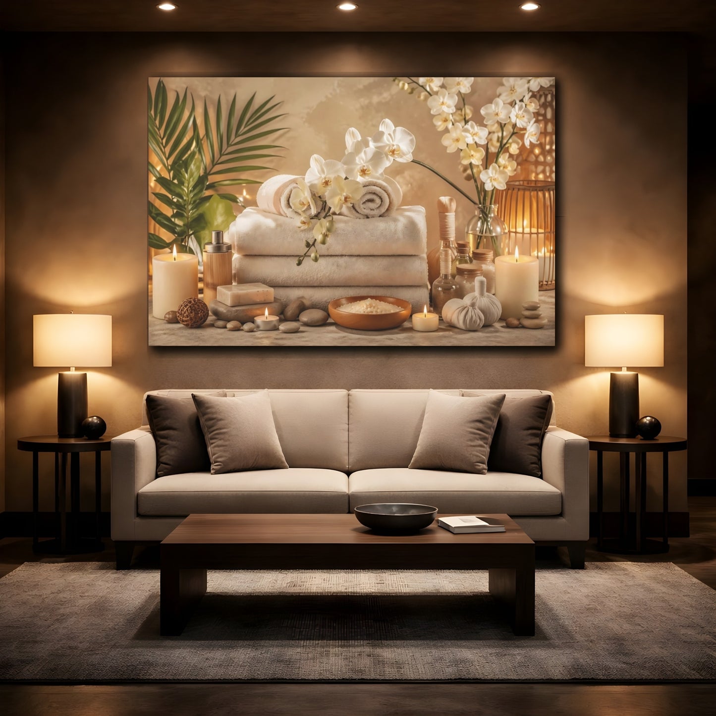 Mockup 2. Floral Orchids Spa Warm Neutral Tones shown as stretched canvas wall art