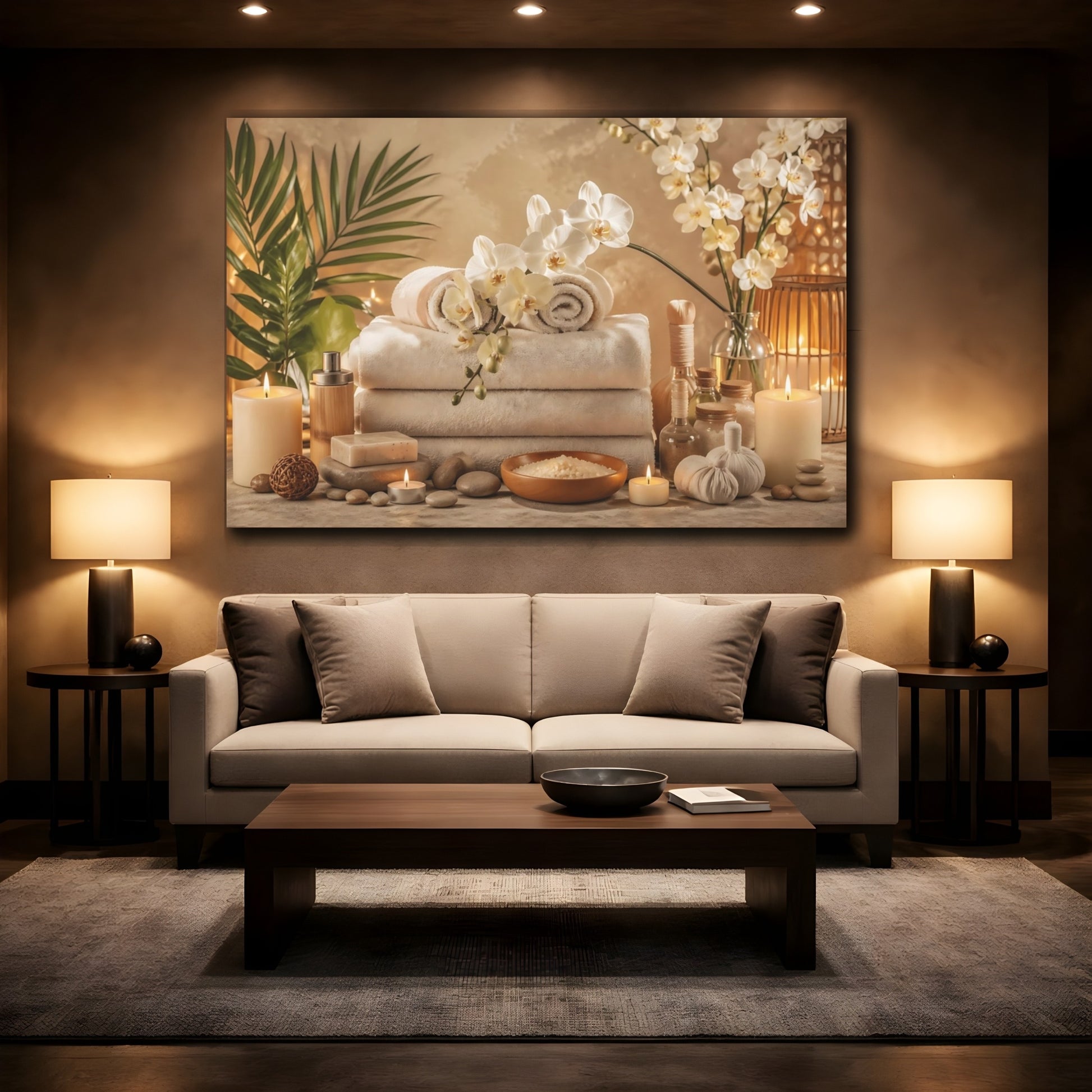 Mockup 2. Floral Orchids Spa Warm Neutral Tones shown as stretched canvas wall art