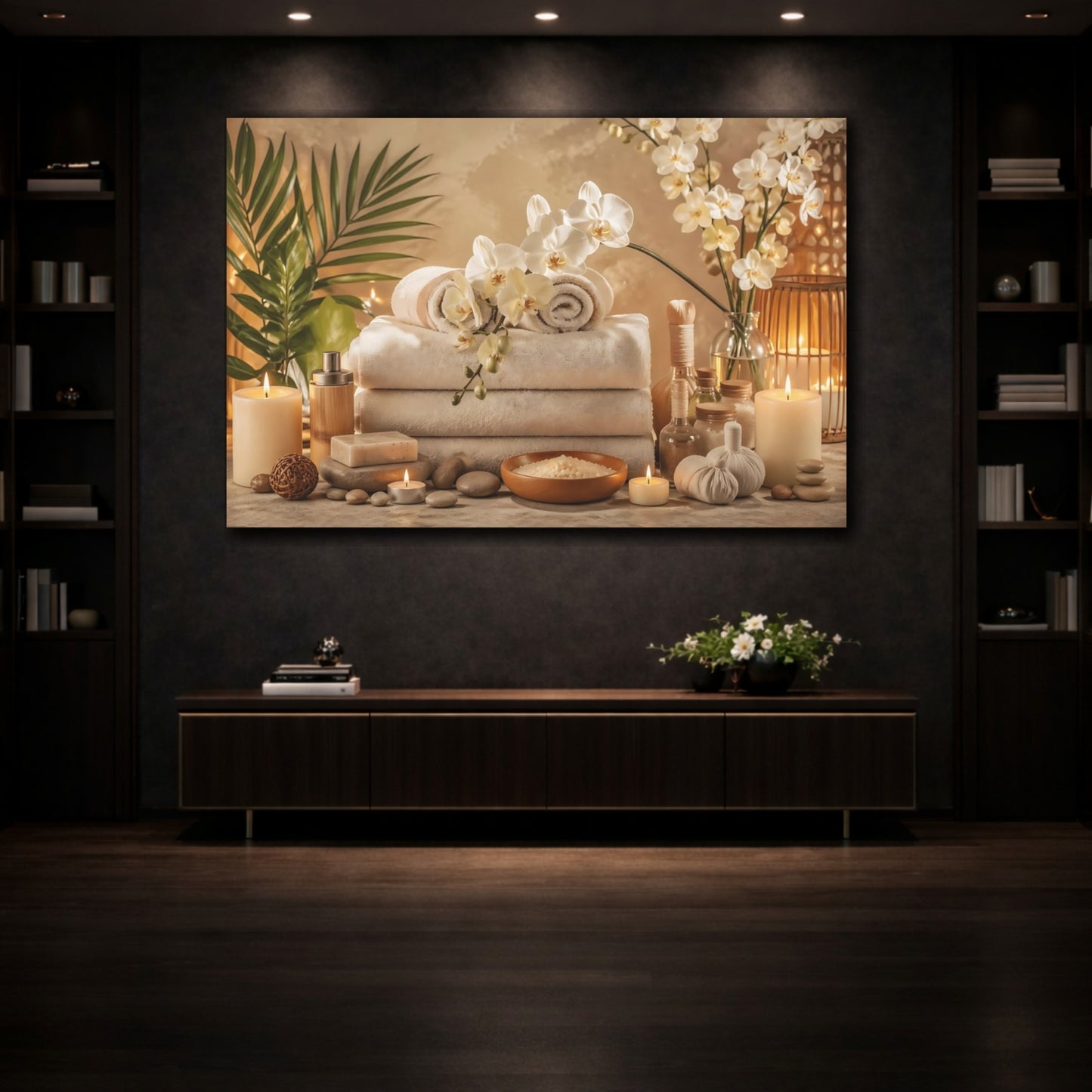 Mockup 3. Floral Orchids Spa Warm Neutral Tones shown as stretched canvas wall art