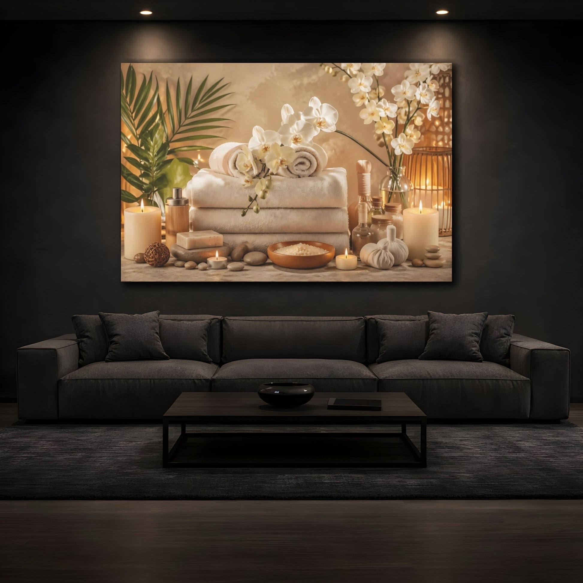 Mockup 4. Floral Orchids Spa Warm Neutral Tones shown as stretched canvas wall art