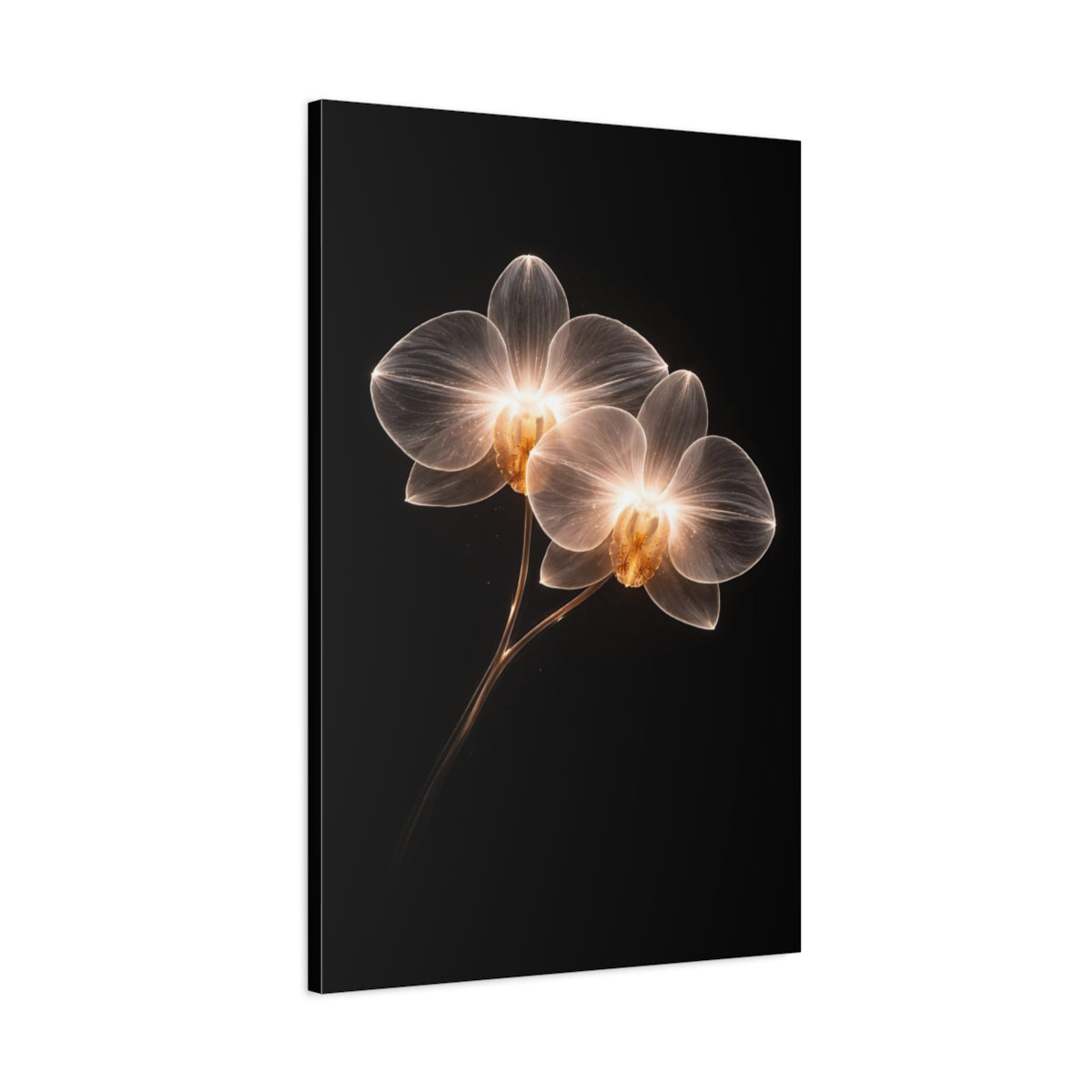 Side Mockup 1. Floral Orchids White And Gold shown as stretched canvas wall art
