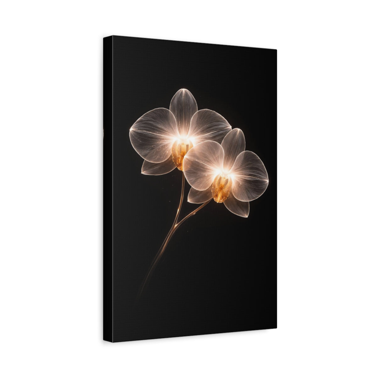 Side Mockup 4. Floral Orchids White And Gold shown as stretched canvas wall art