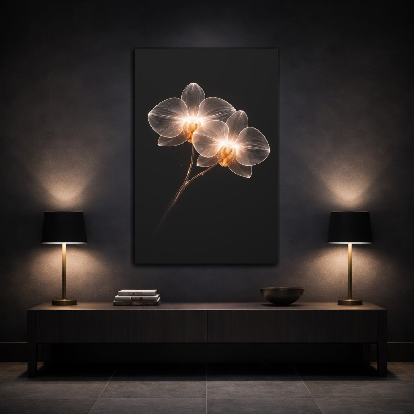 Mockup 2. Floral Orchids White And Gold shown as stretched canvas wall art