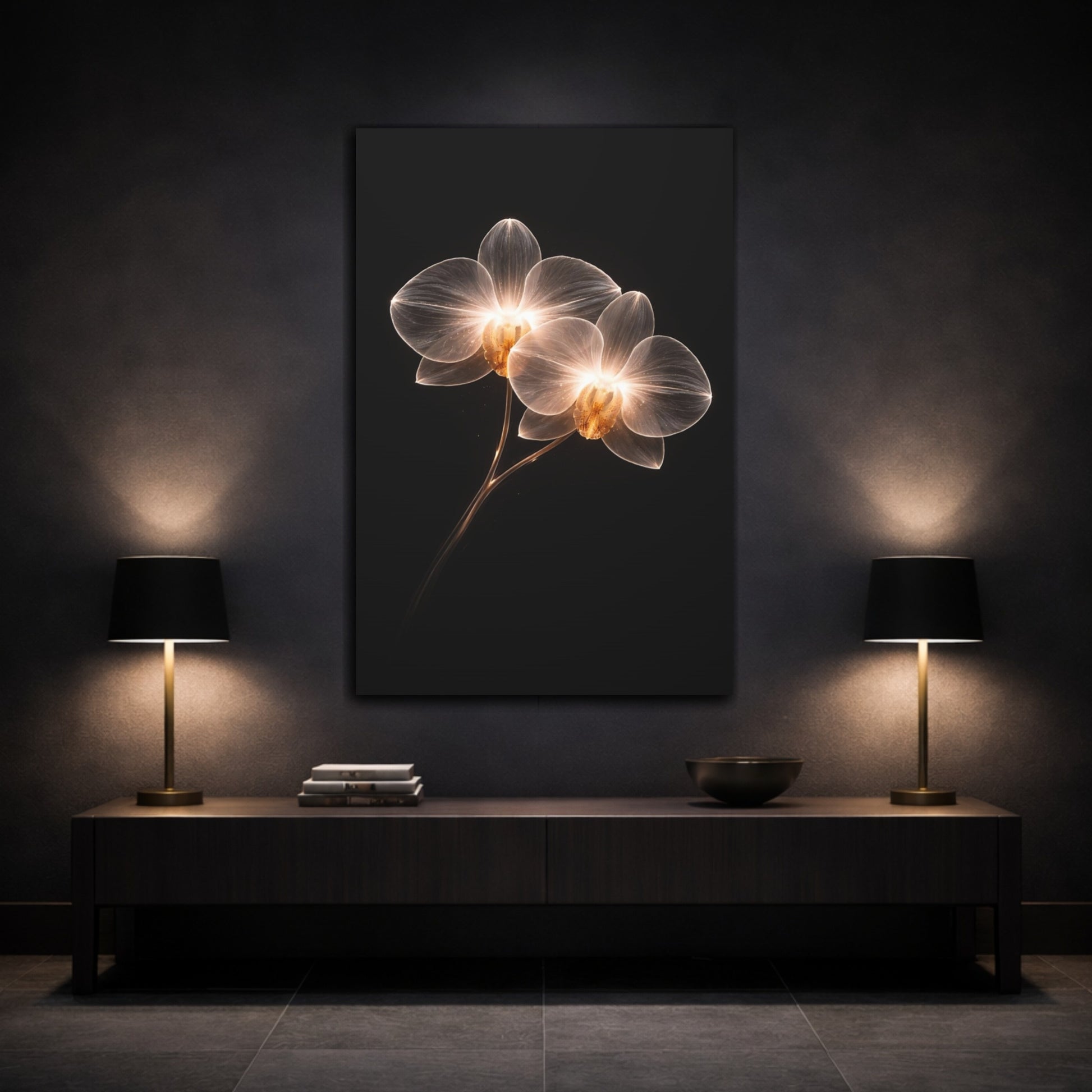 Mockup 2. Floral Orchids White And Gold shown as stretched canvas wall art