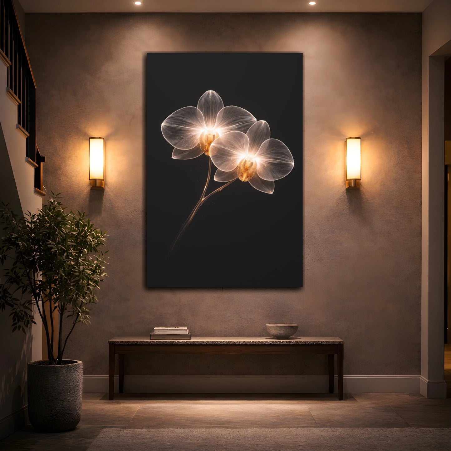 Mockup 3. Floral Orchids White And Gold shown as stretched canvas wall art