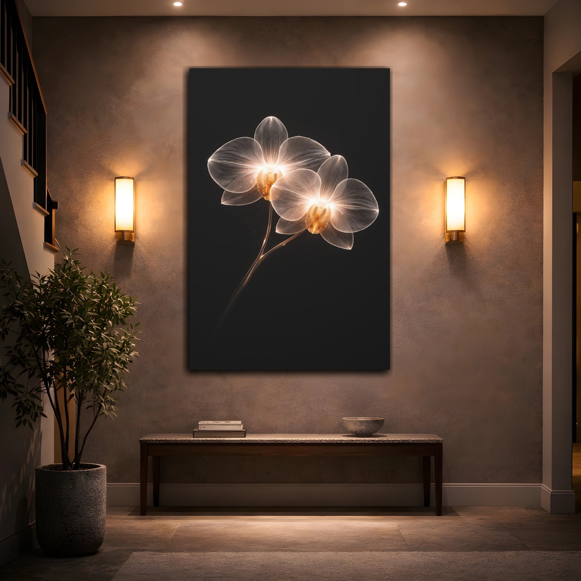 Mockup 3. Floral Orchids White And Gold shown as stretched canvas wall art