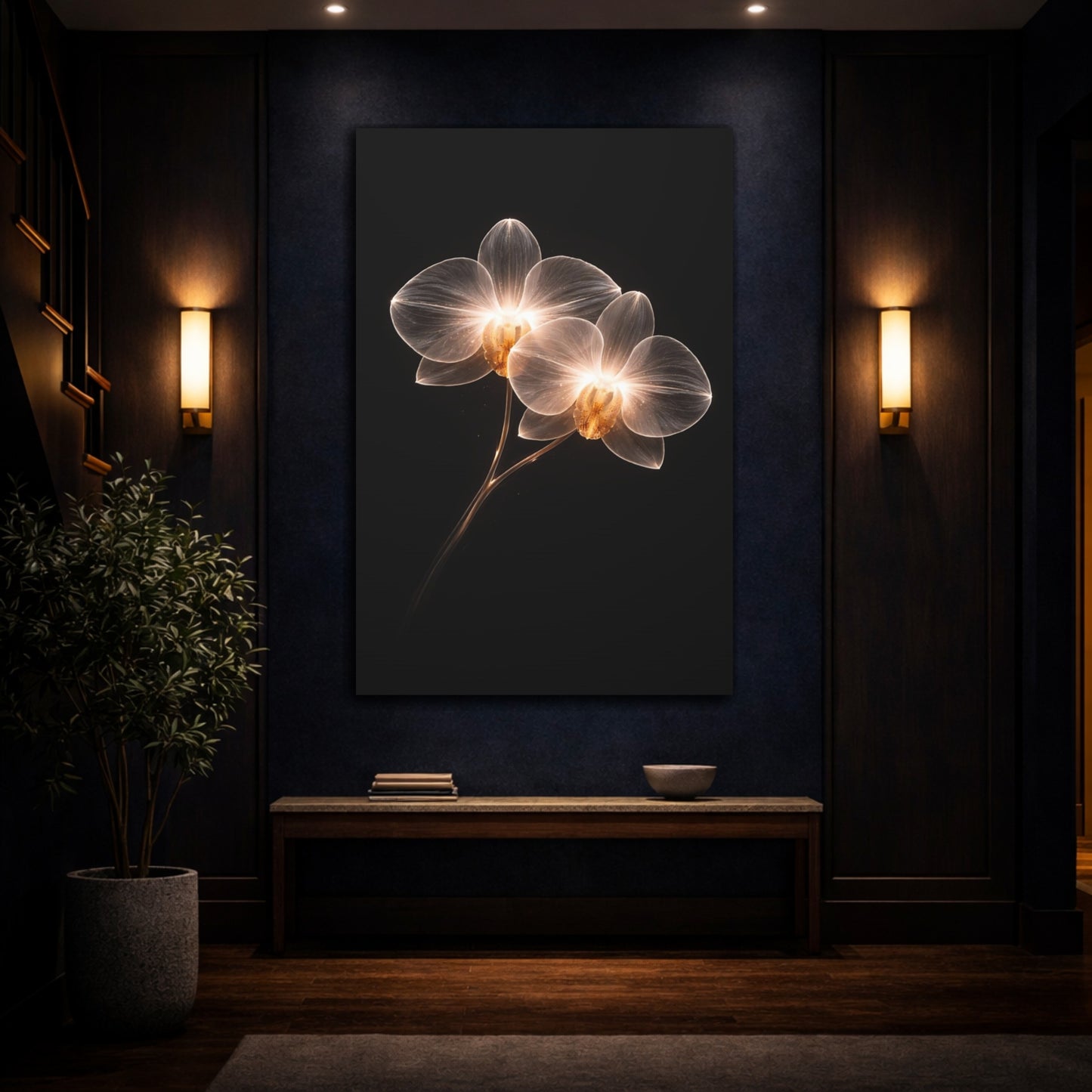 Mockup 4. Floral Orchids White And Gold shown as stretched canvas wall art