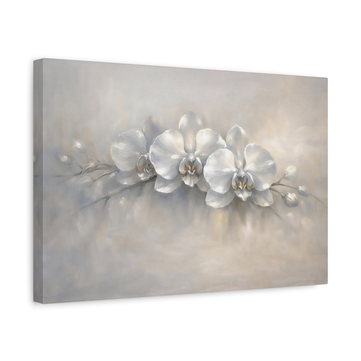 Side Mockup 4. Floral Orchids White Grey Orchids shown as stretched canvas wall art