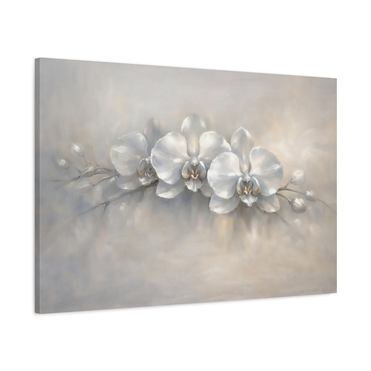 Side Mockup 1. Floral Orchids White Grey Orchids shown as stretched canvas wall art