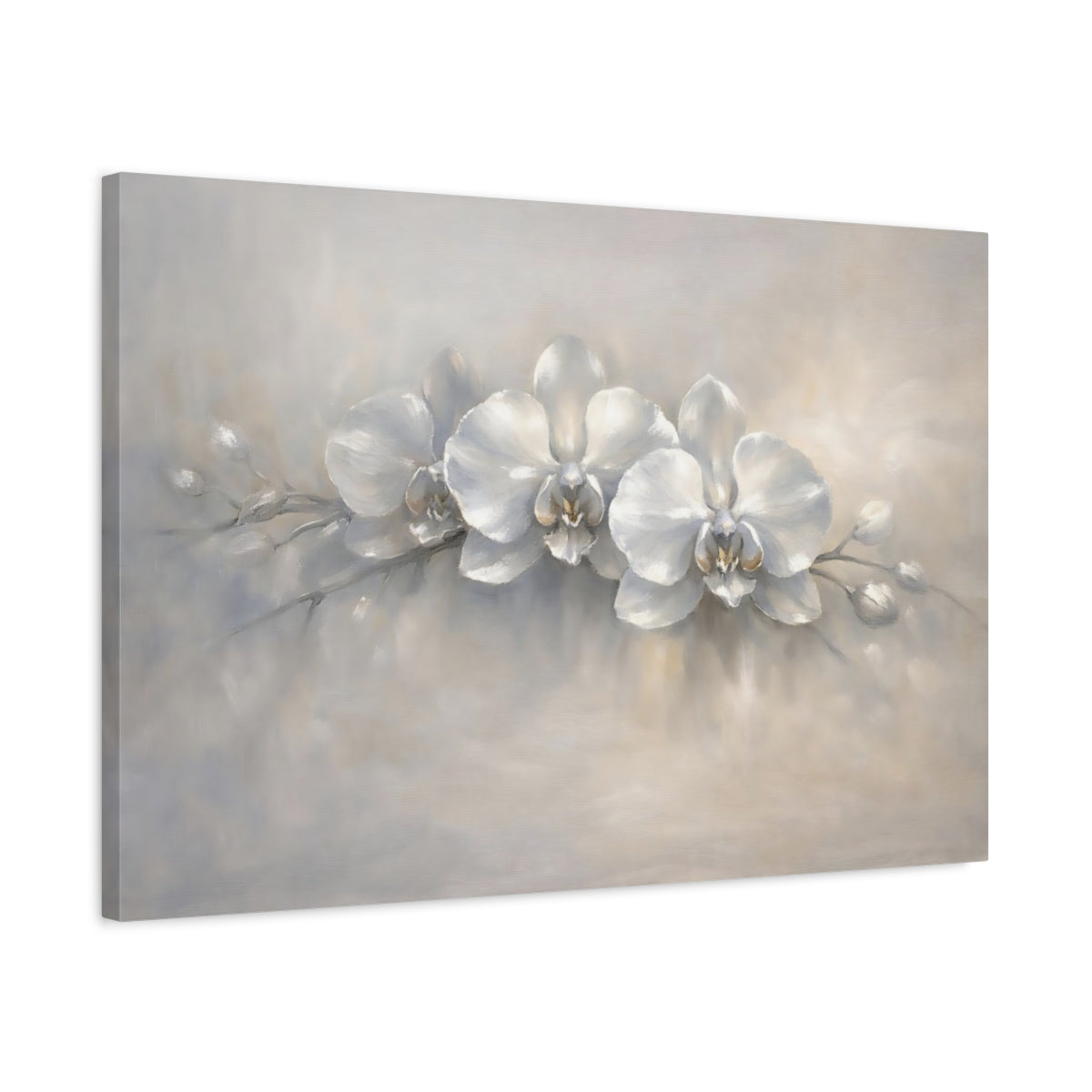 Side Mockup 2. Floral Orchids White Grey Orchids shown as stretched canvas wall art