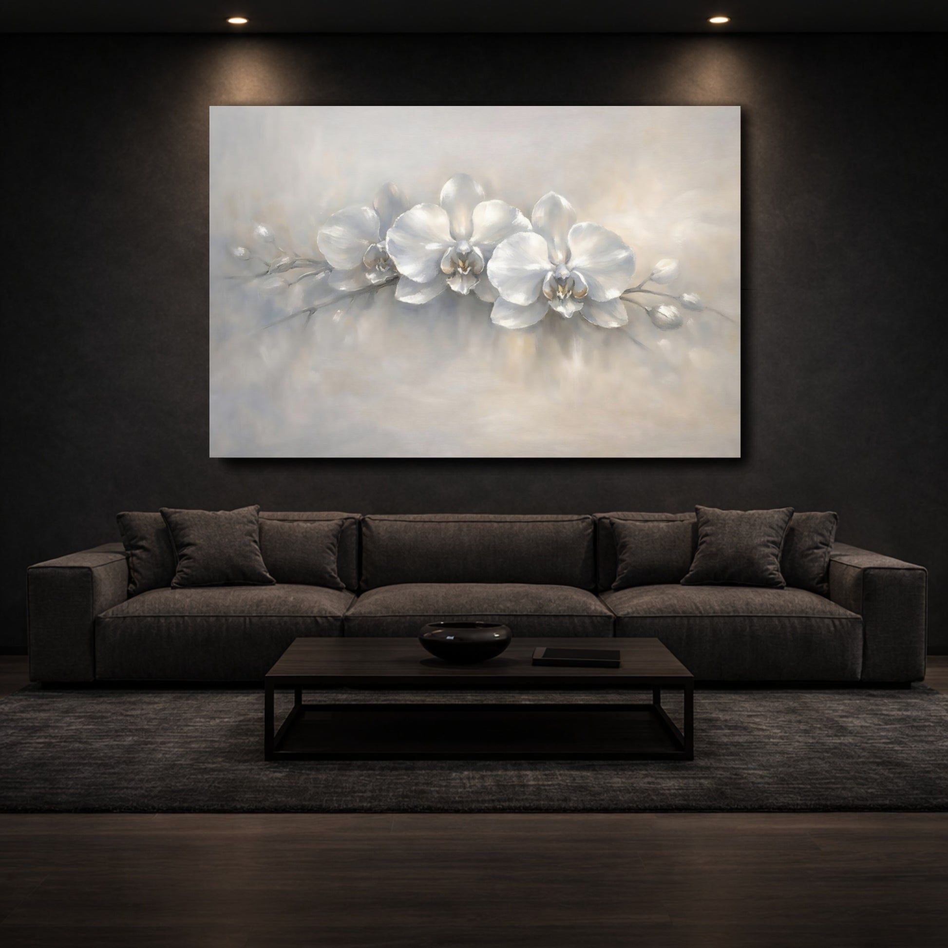 Mockup 2. Floral Orchids White Grey Orchids shown as stretched canvas wall art