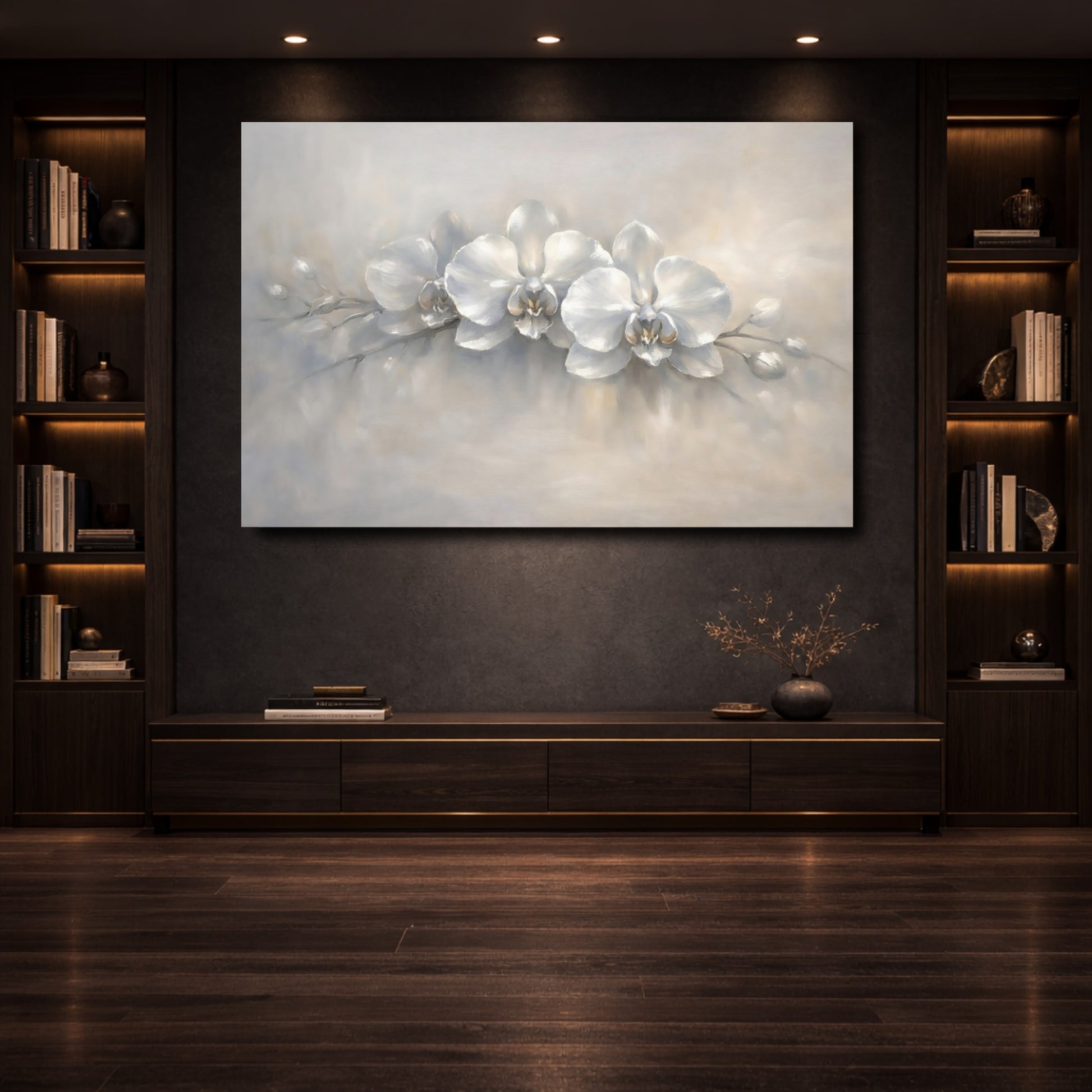 Mockup 3. Floral Orchids White Grey Orchids shown as stretched canvas wall art
