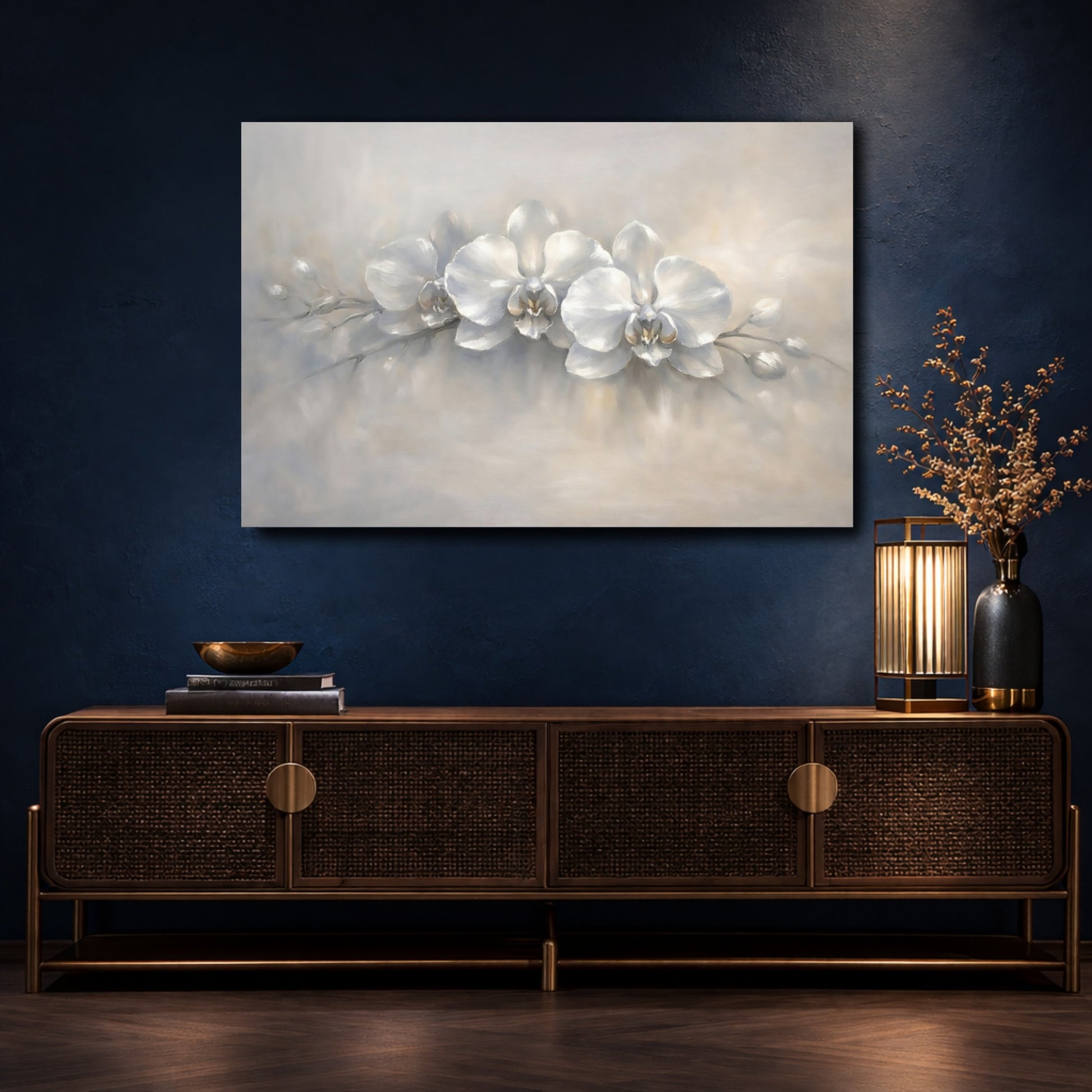 Mockup 4. Floral Orchids White Grey Orchids shown as stretched canvas wall art