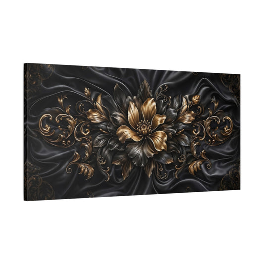 Main Mockup. Floral Ornate Flower Gold And Black shown as stretched canvas wall art