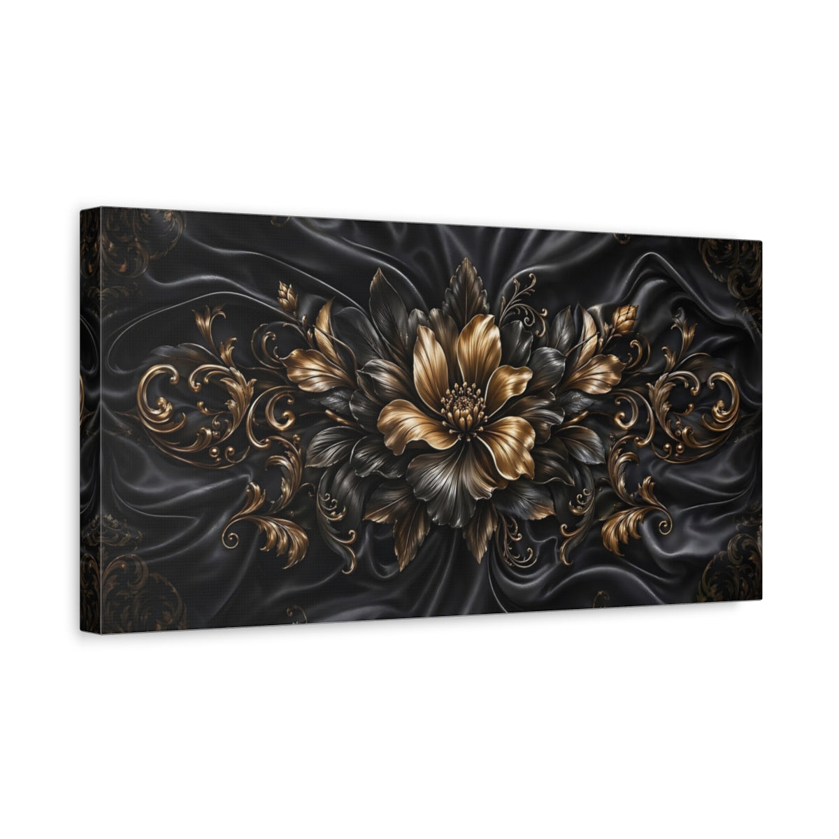Side Mockup 3. Floral Ornate Flower Gold And Black shown as stretched canvas wall art