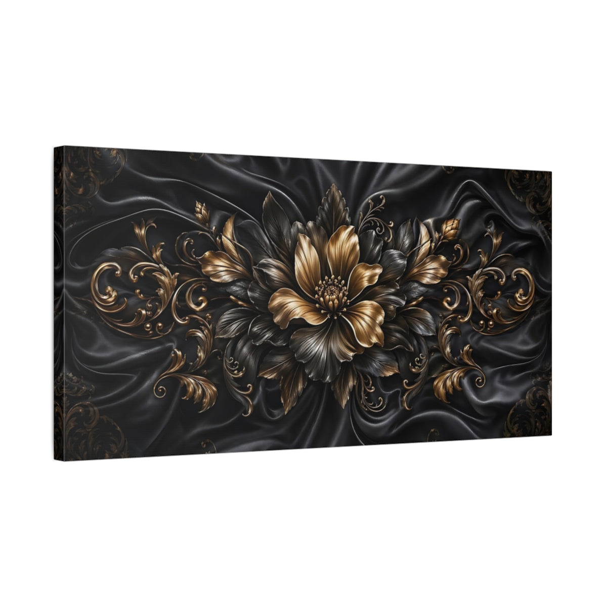Side Mockup 1. Floral Ornate Flower Gold And Black shown as stretched canvas wall art