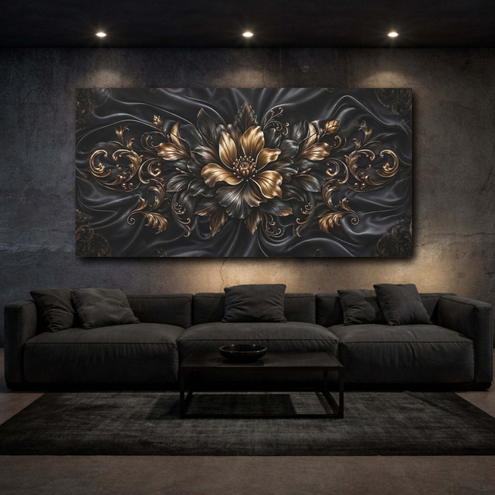 Mockup 2. Floral Ornate Flower Gold And Black shown as stretched canvas wall art
