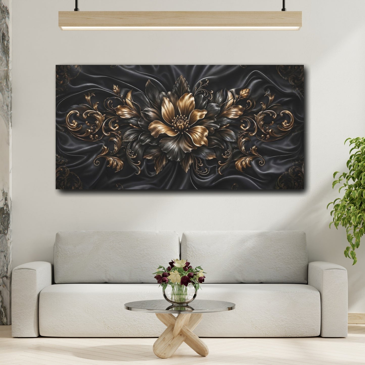 Mockup 3. Floral Ornate Flower Gold And Black shown as stretched canvas wall art