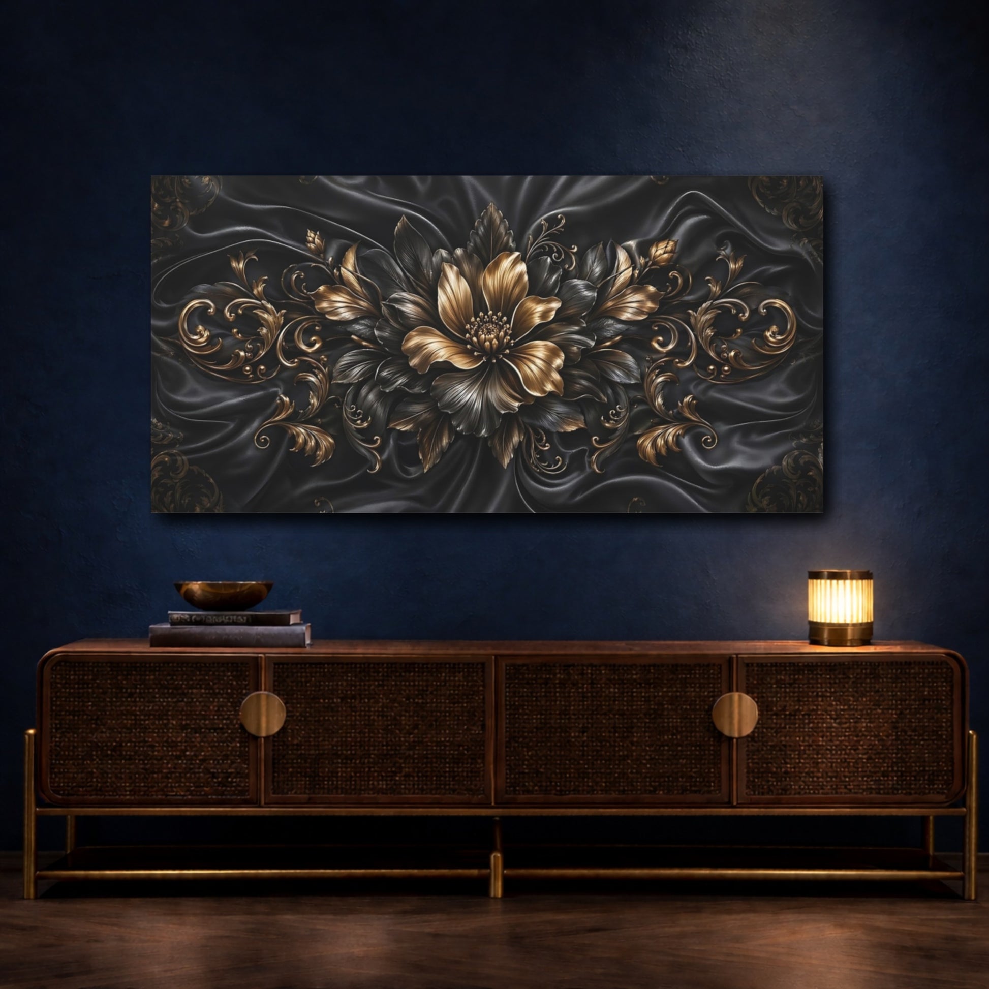 Mockup 4. Floral Ornate Flower Gold And Black shown as stretched canvas wall art
