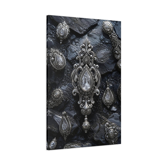 Main Mockup. Floral Ornate Jewelry Silver And Black shown as stretched canvas wall art