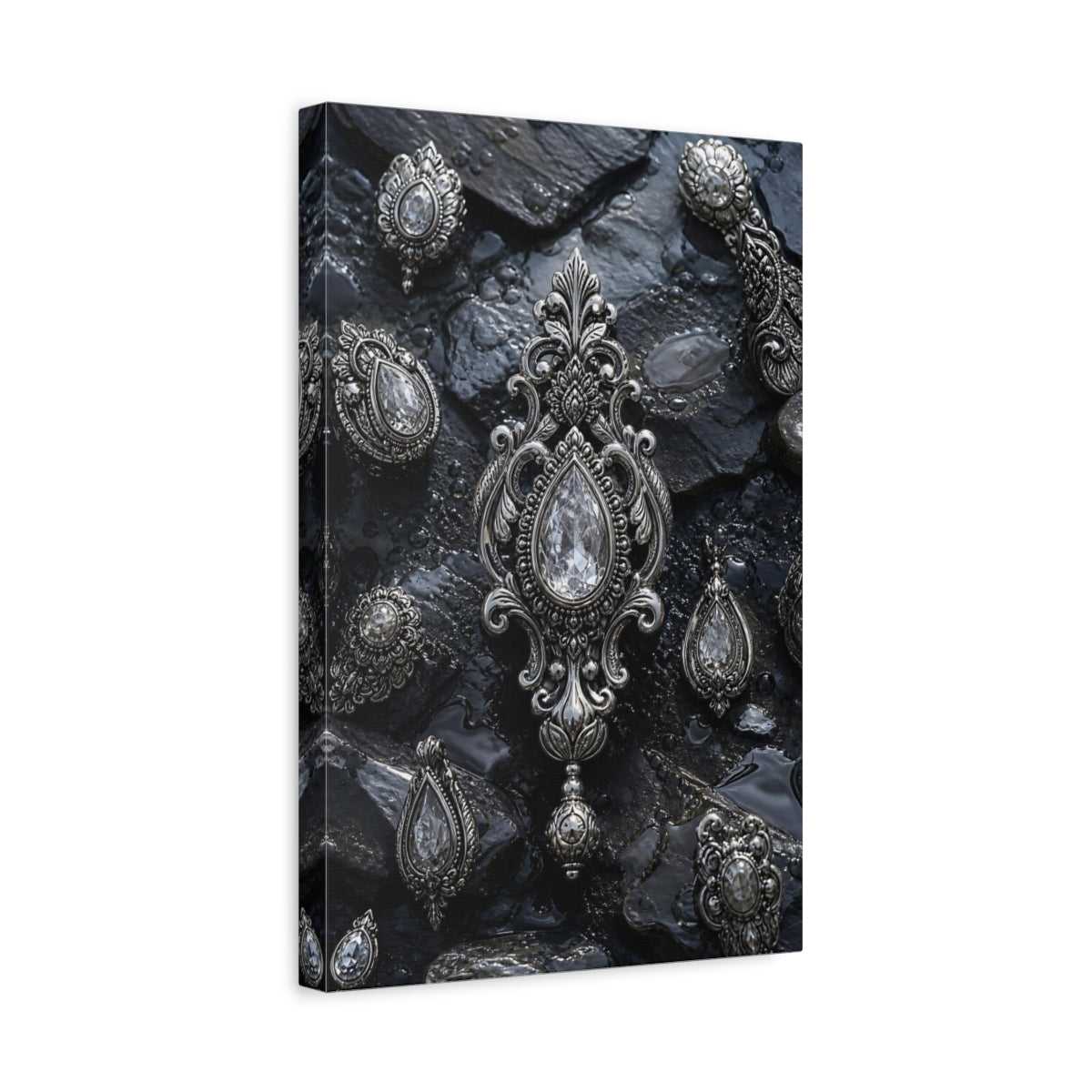 Side Mockup 4. Floral Ornate Jewelry Silver And Black shown as stretched canvas wall art