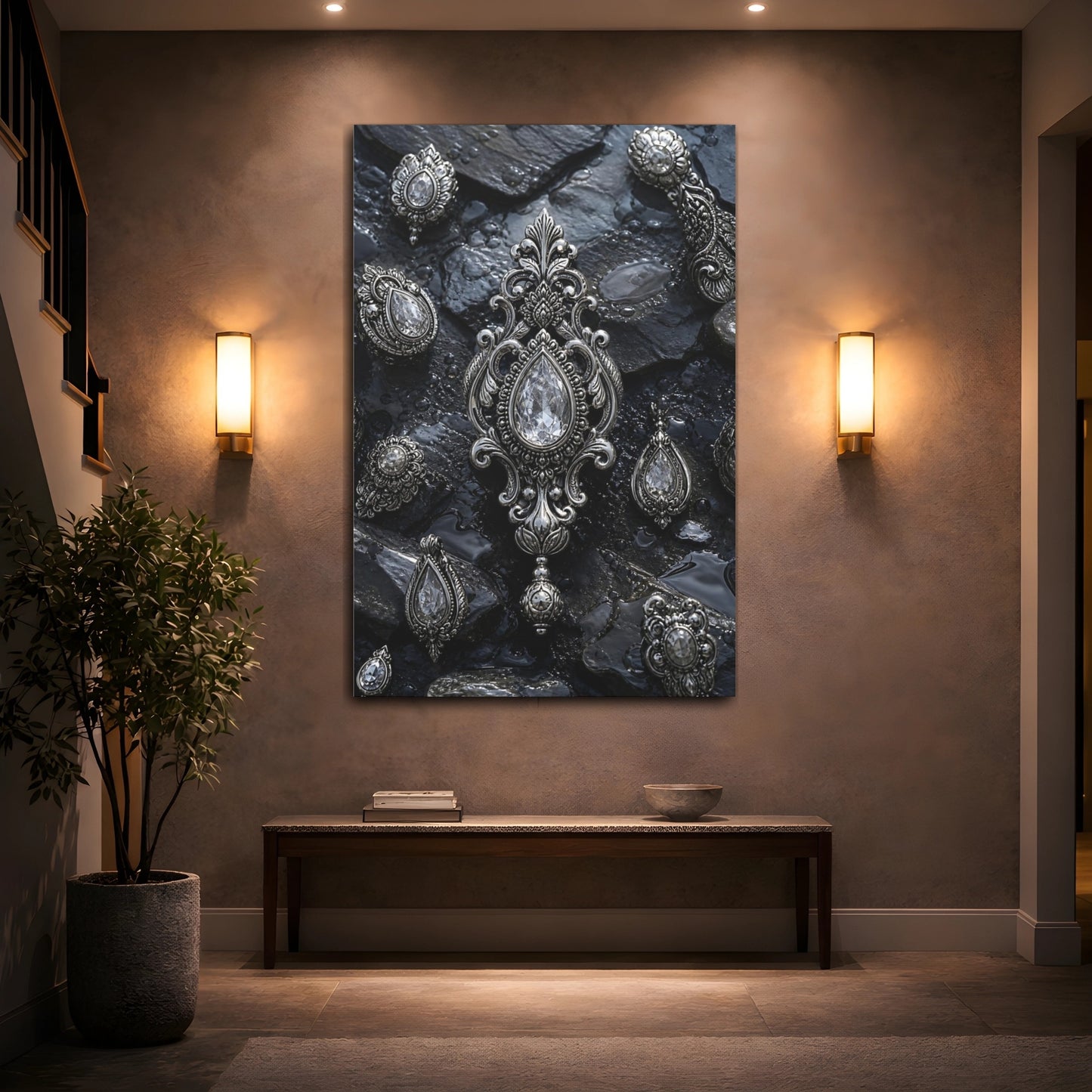 Mockup 2. Floral Ornate Jewelry Silver And Black shown as stretched canvas wall art