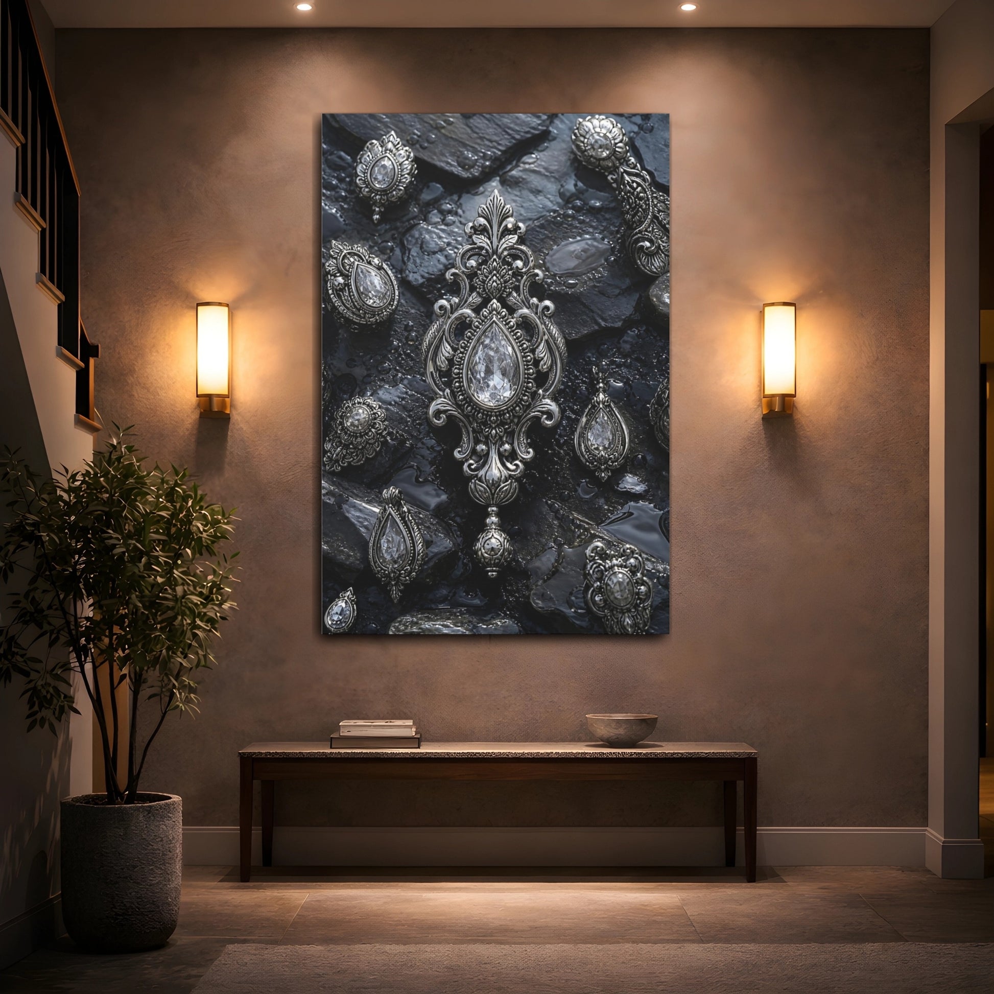 Mockup 2. Floral Ornate Jewelry Silver And Black shown as stretched canvas wall art
