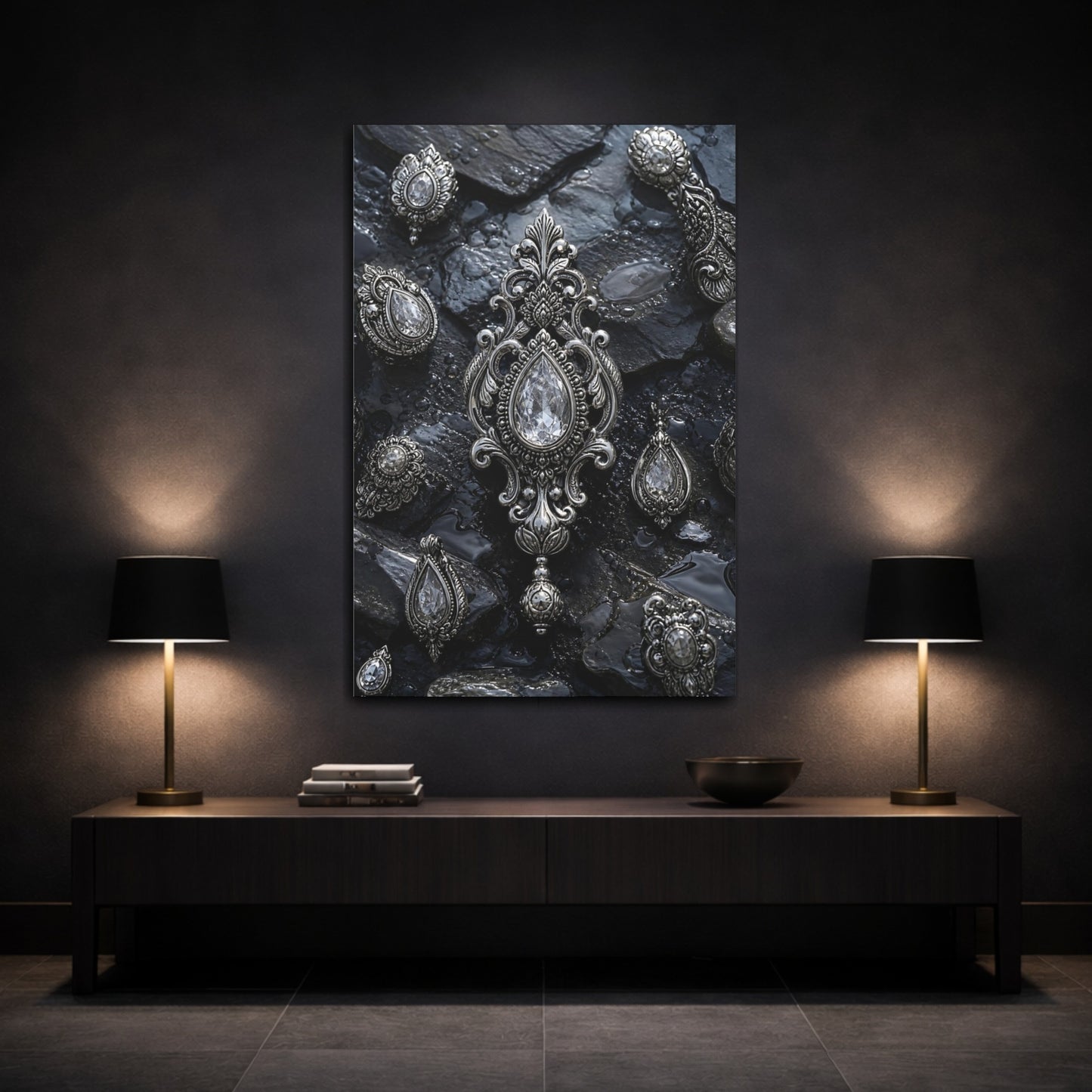Mockup 3. Floral Ornate Jewelry Silver And Black shown as stretched canvas wall art