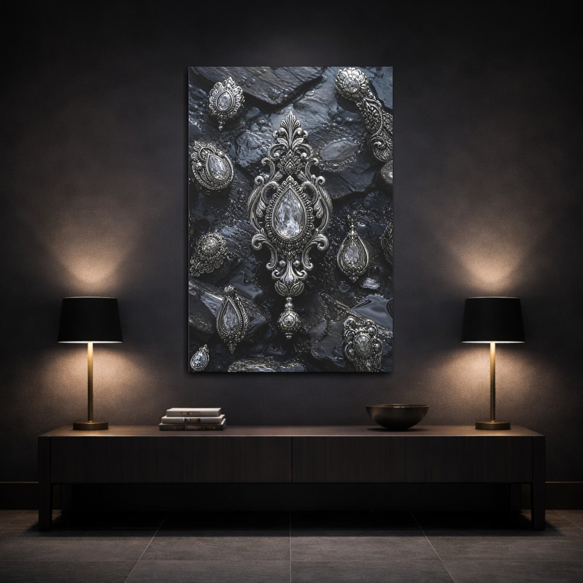 Mockup 3. Floral Ornate Jewelry Silver And Black shown as stretched canvas wall art