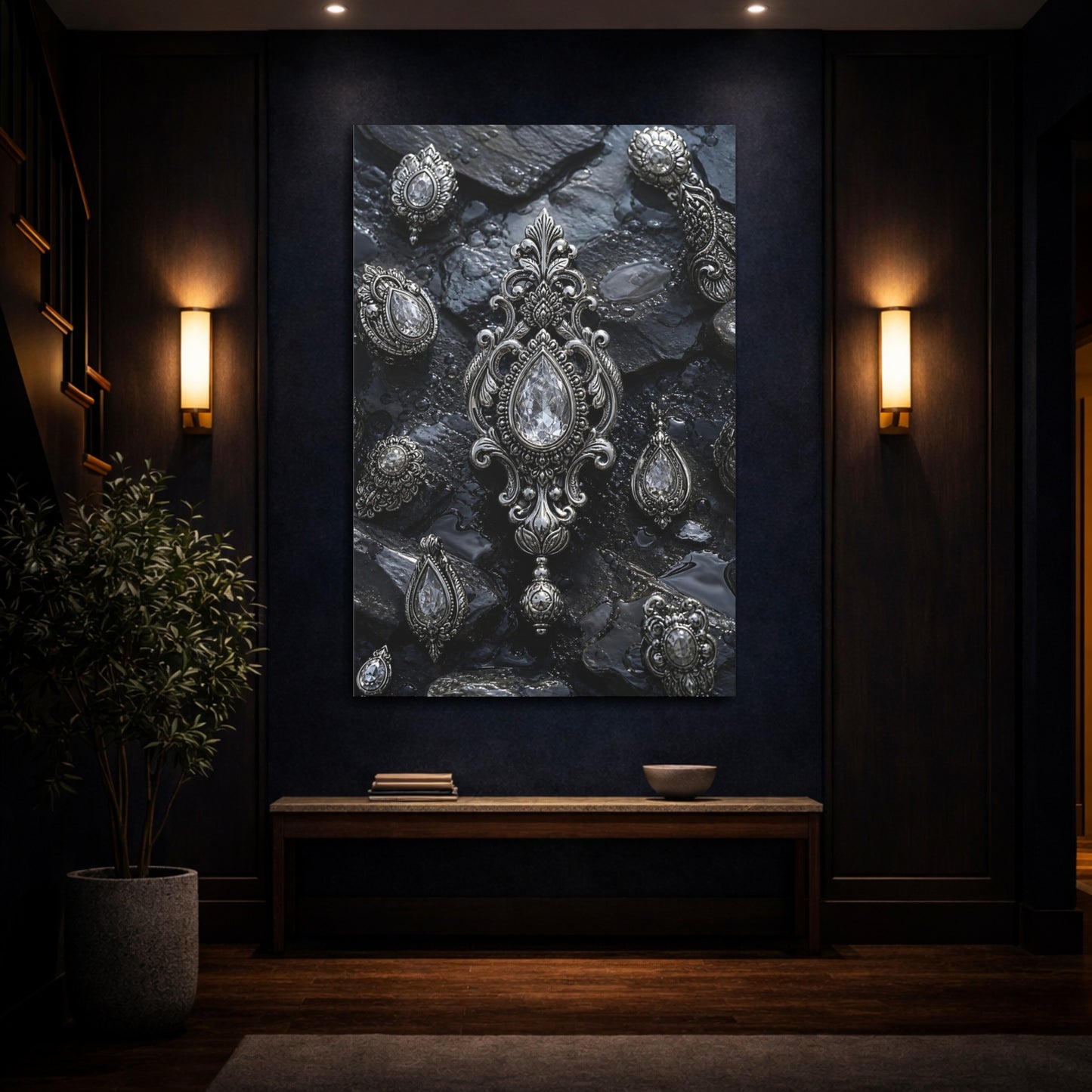 Mockup 4. Floral Ornate Jewelry Silver And Black shown as stretched canvas wall art