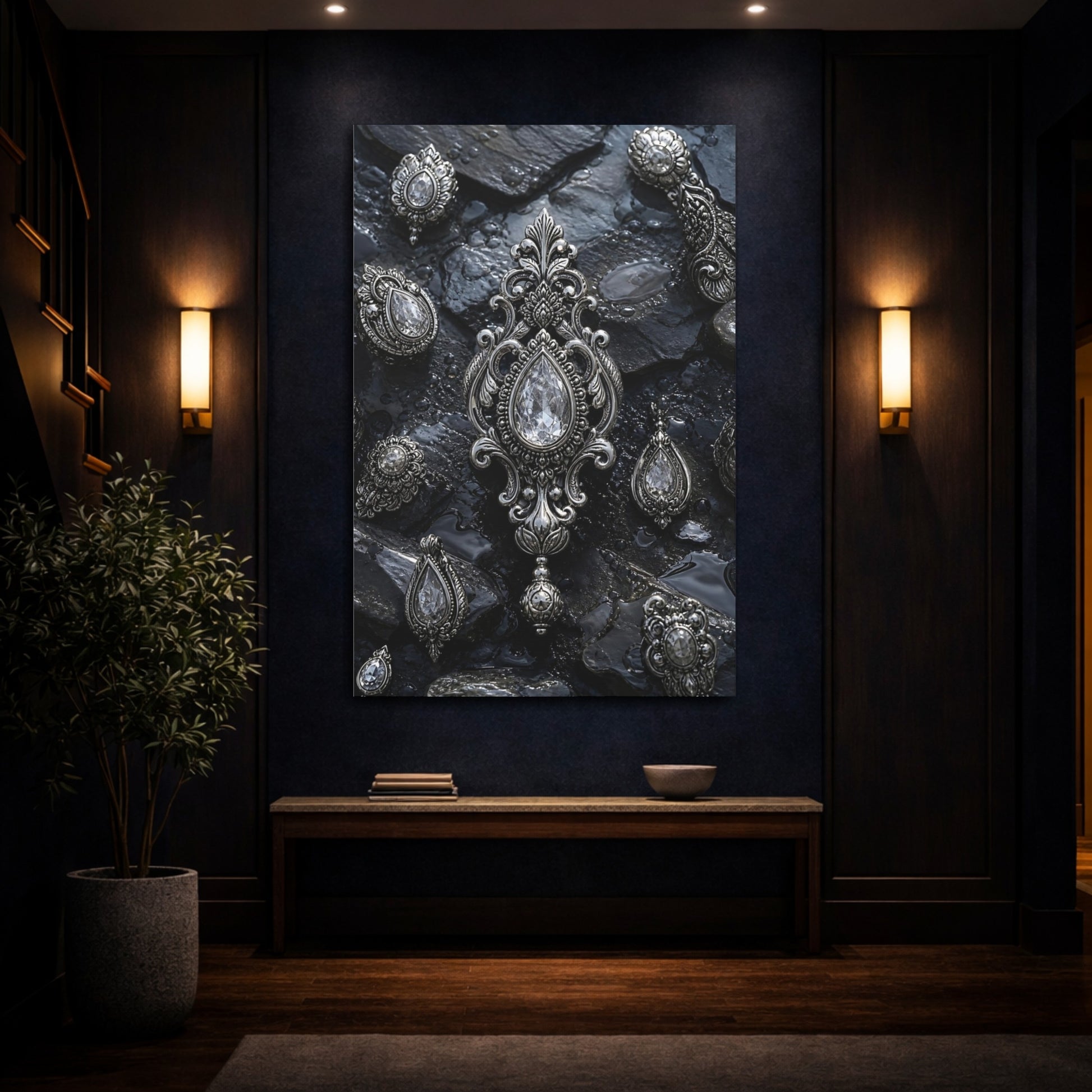 Mockup 4. Floral Ornate Jewelry Silver And Black shown as stretched canvas wall art