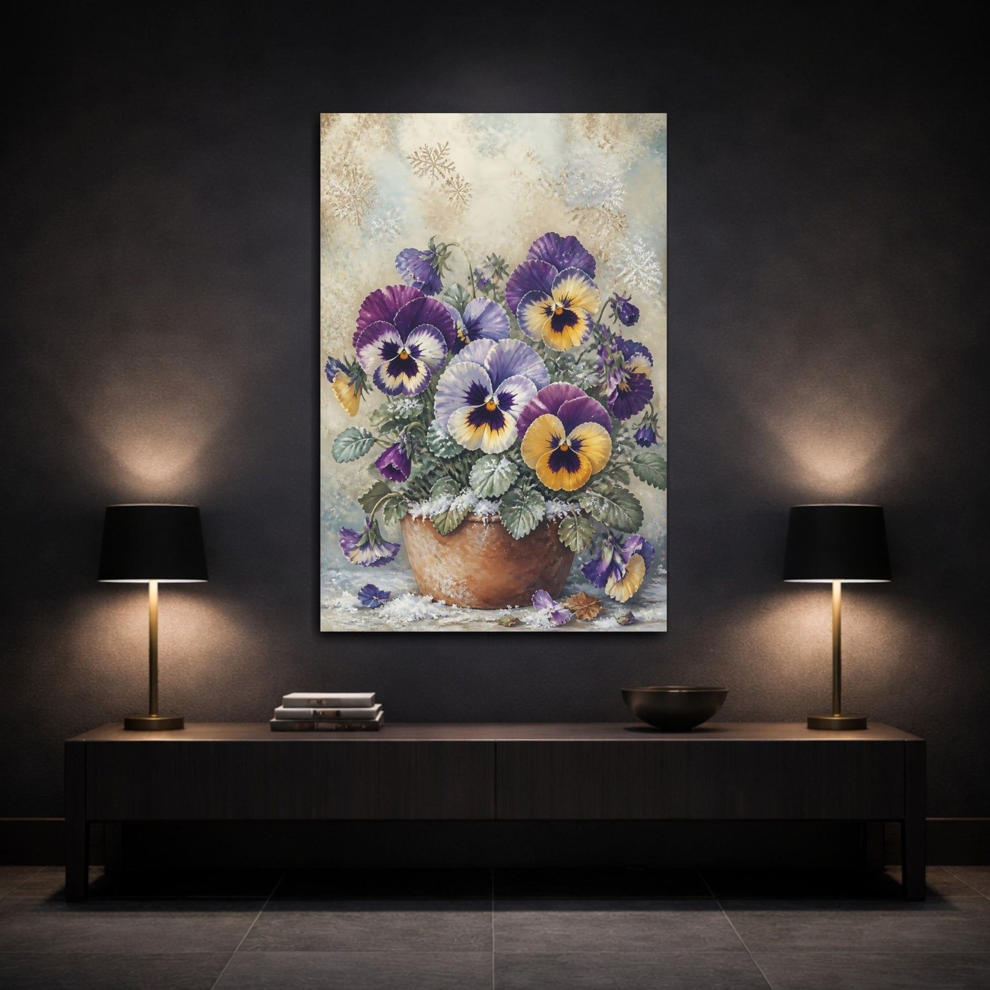 Mockup 3. Floral Pansies Purple And Yellow Pansies shown as canvas print