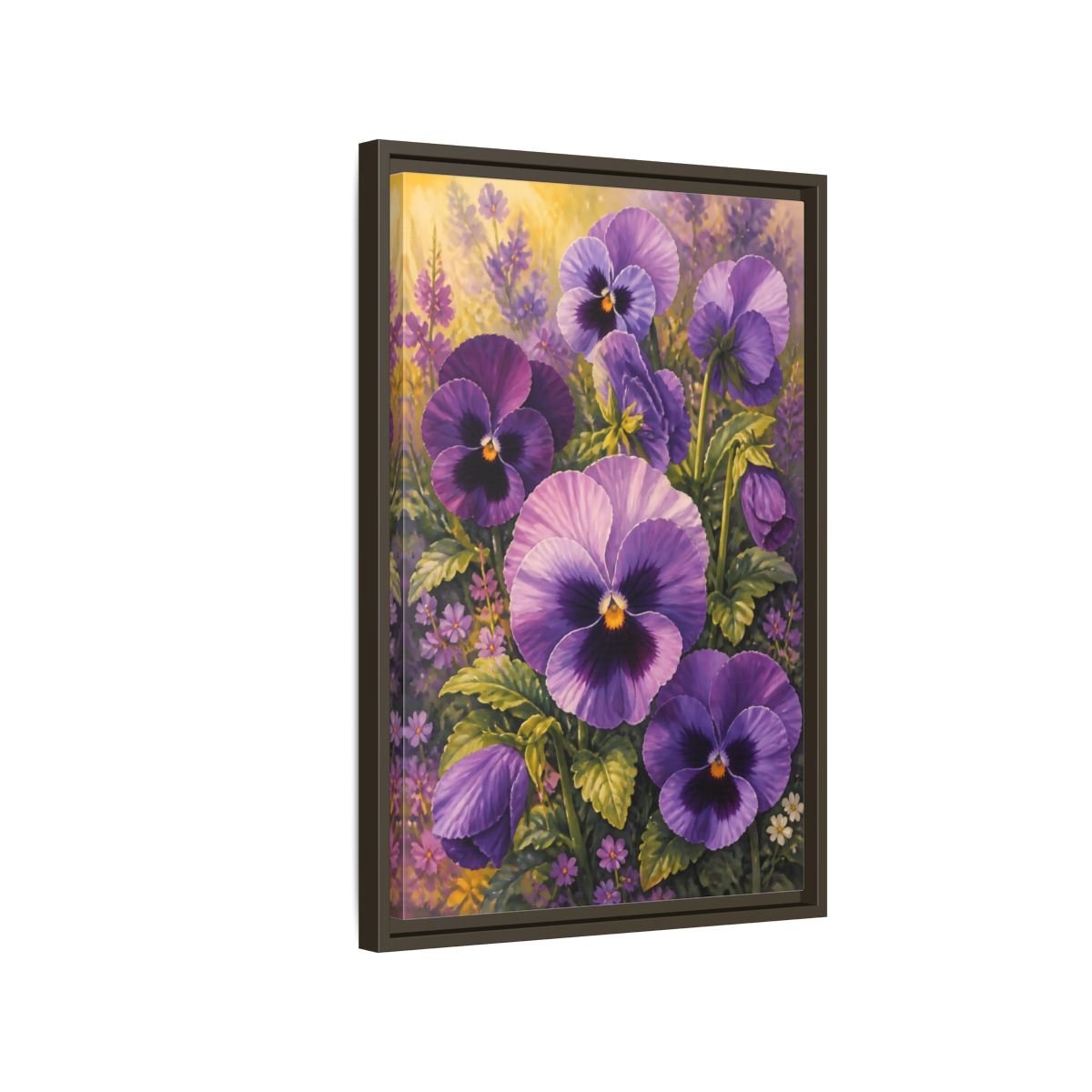 Floral Pansies Purple Framed Canvas Print – Traditional Living Room, Above Fireplace - YesArtYes