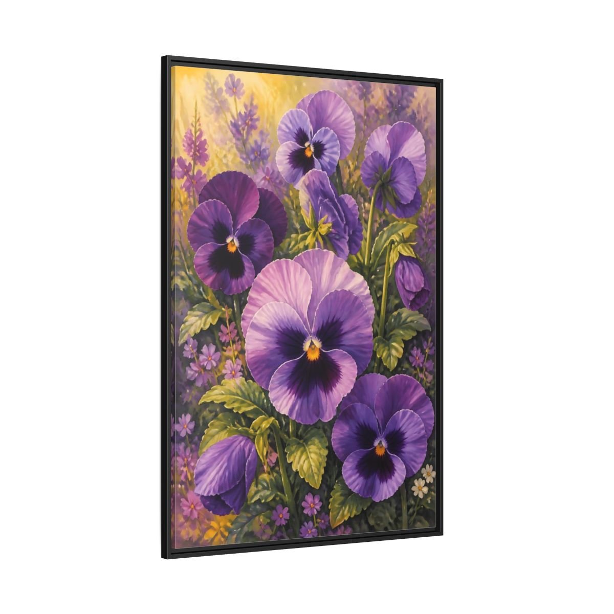 Floral Pansies Purple Framed Canvas Print – Traditional Living Room, Above Fireplace - YesArtYes