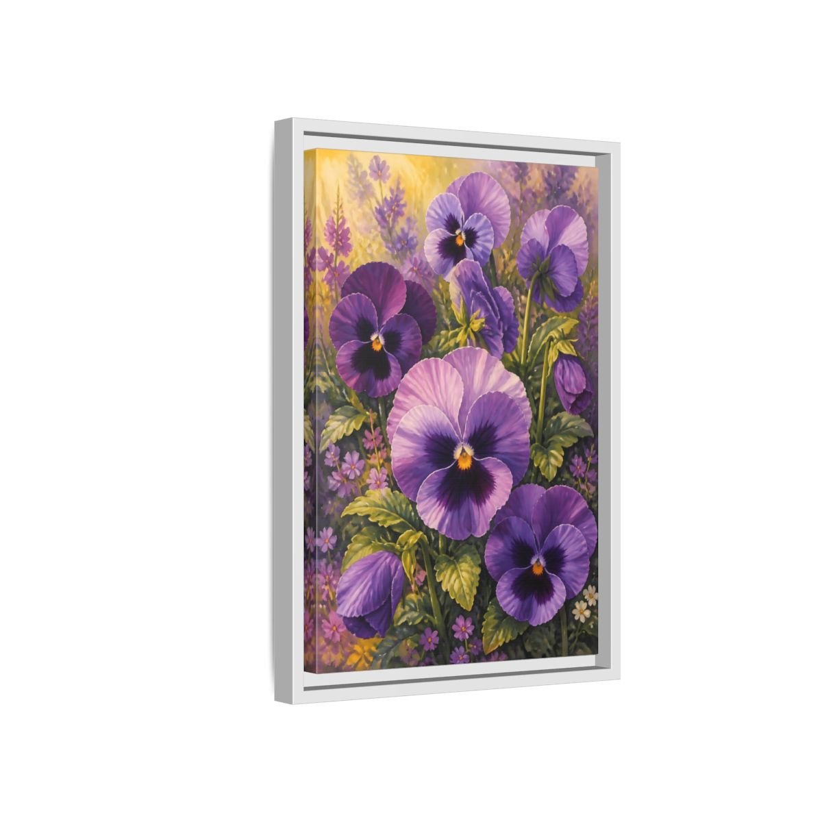 Floral Pansies Purple Framed Canvas Print – Traditional Living Room, Above Fireplace - YesArtYes