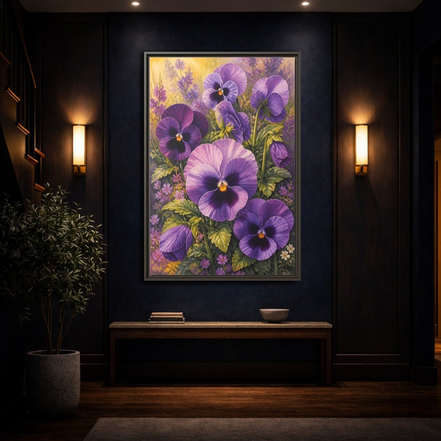Floral Pansies Purple Framed Canvas Print – Traditional Living Room, Above Fireplace - YesArtYes