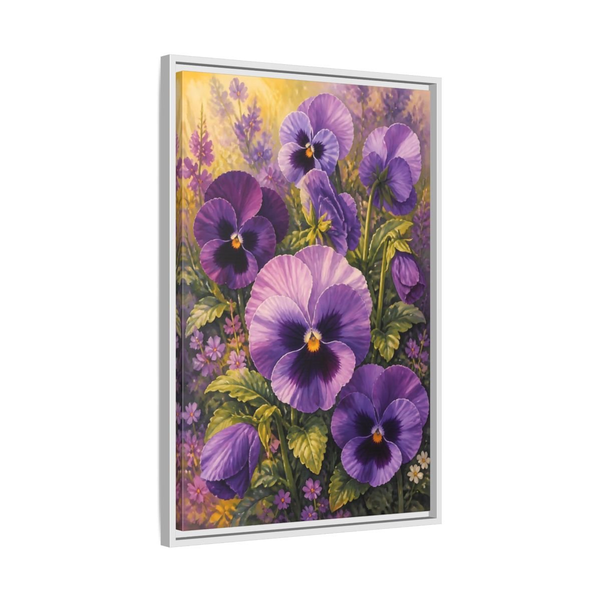 Floral Pansies Purple Framed Canvas Print – Traditional Living Room, Above Fireplace - YesArtYes