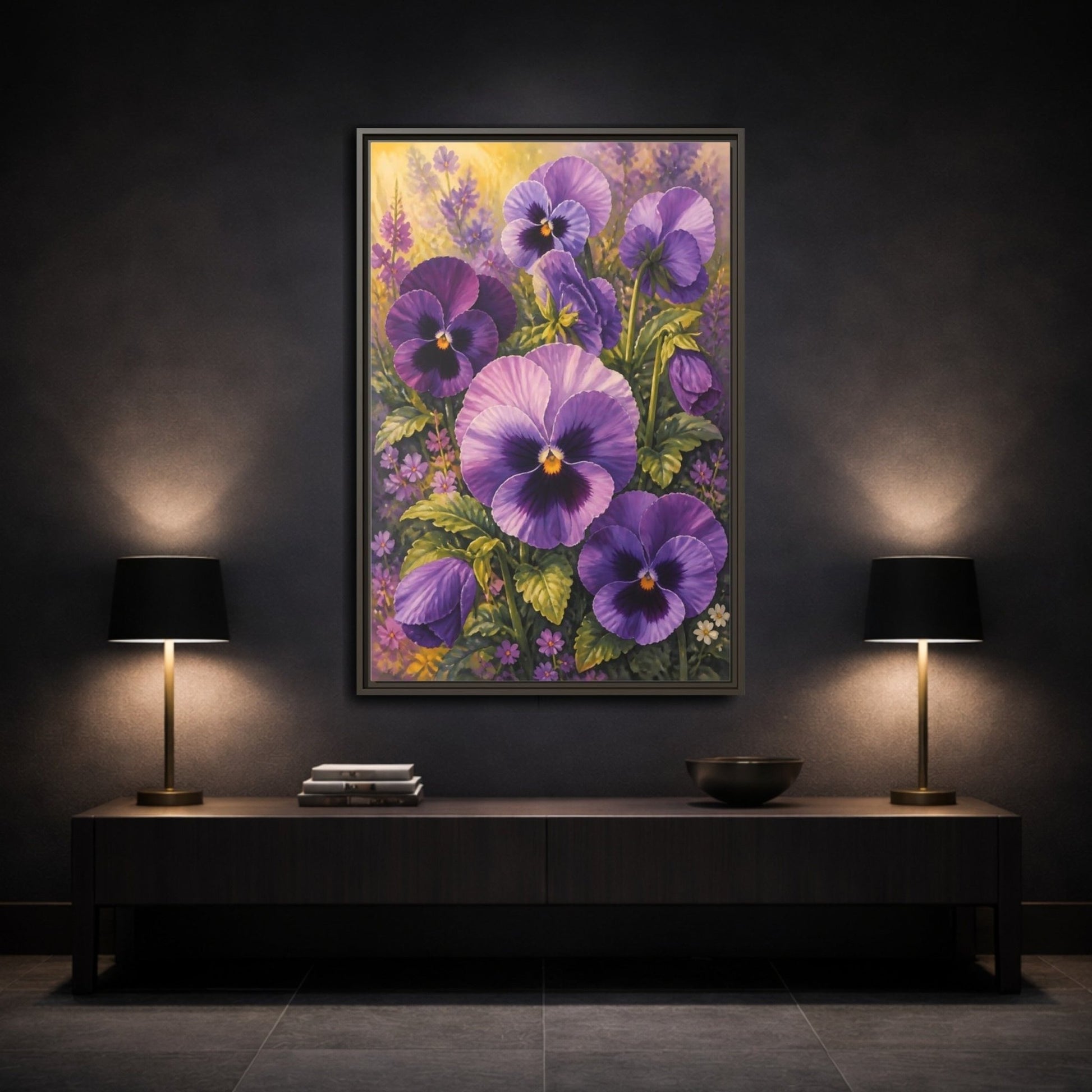 Floral Pansies Purple Framed Canvas Print – Traditional Living Room, Above Fireplace - YesArtYes