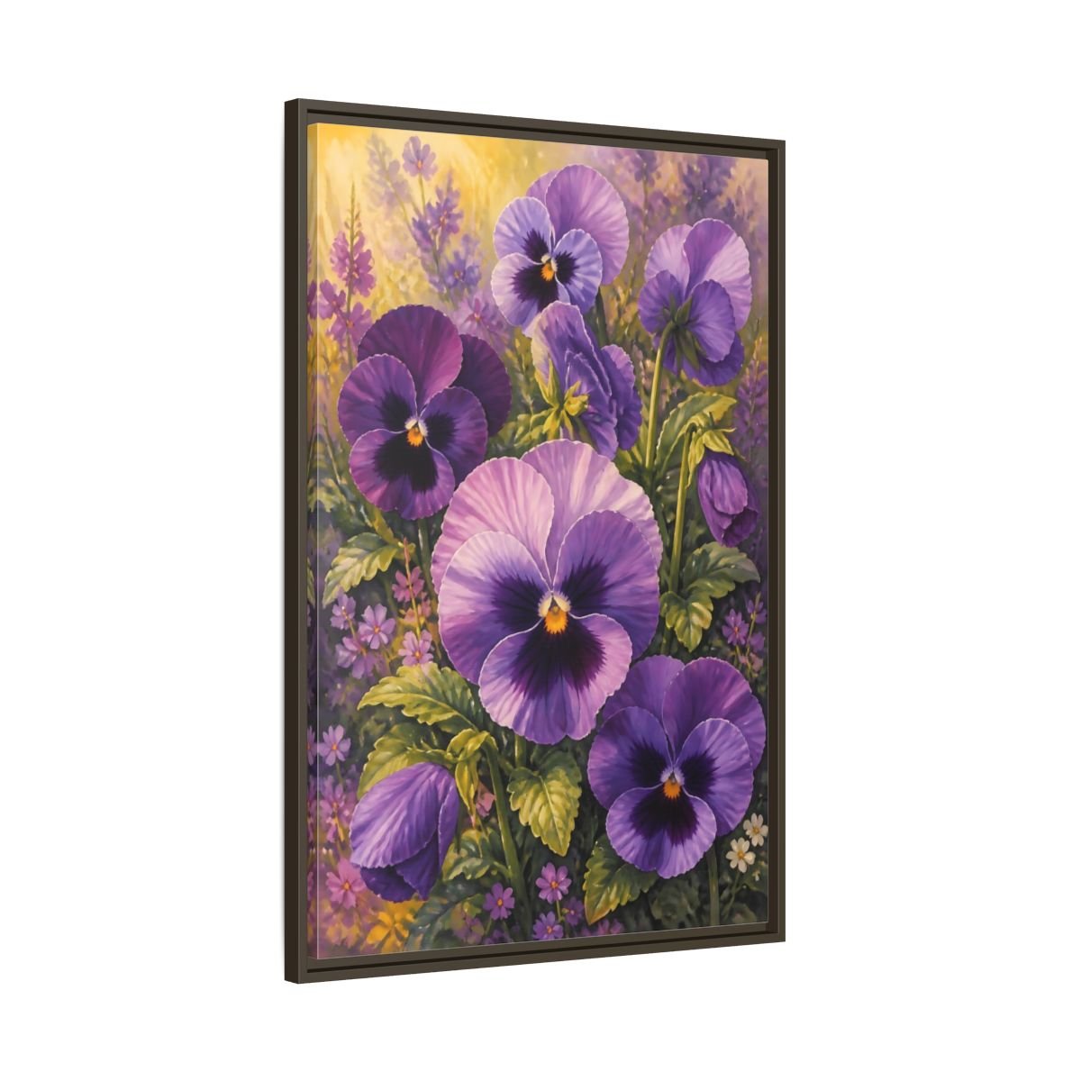 Floral Pansies Purple Framed Canvas Print – Traditional Living Room, Above Fireplace - YesArtYes