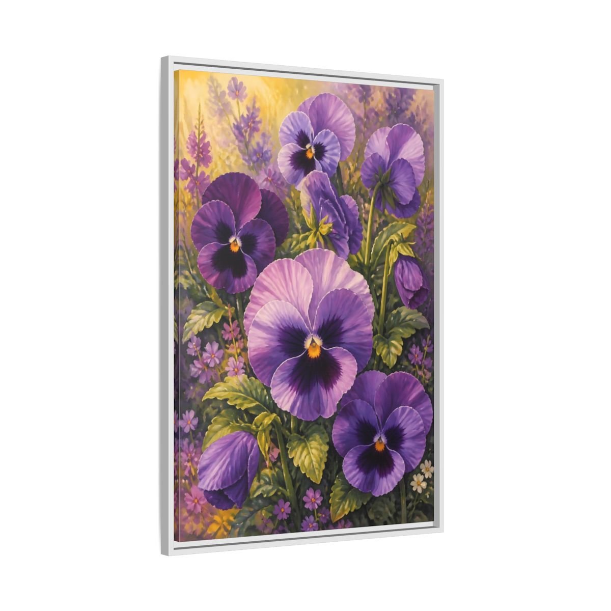 Floral Pansies Purple Framed Canvas Print – Traditional Living Room, Above Fireplace - YesArtYes